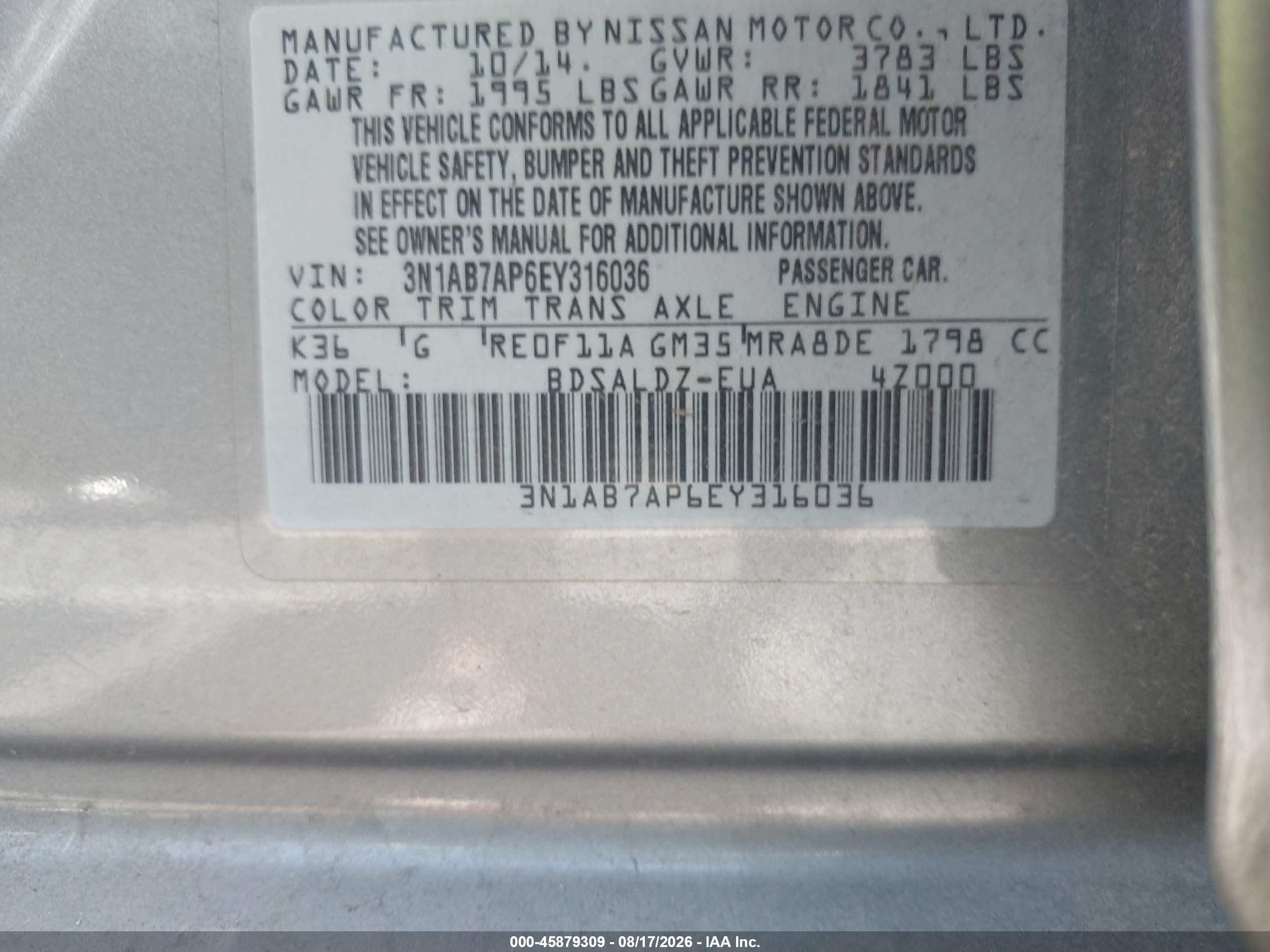 2014 Nissan Sentra Sv Gray vin: 3N1AB7AP6EY316036
