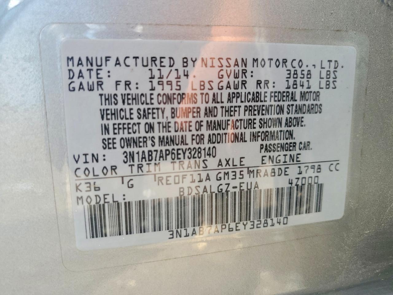 2014 Nissan Sentra Sl Gray vin: 3N1AB7AP6EY328140