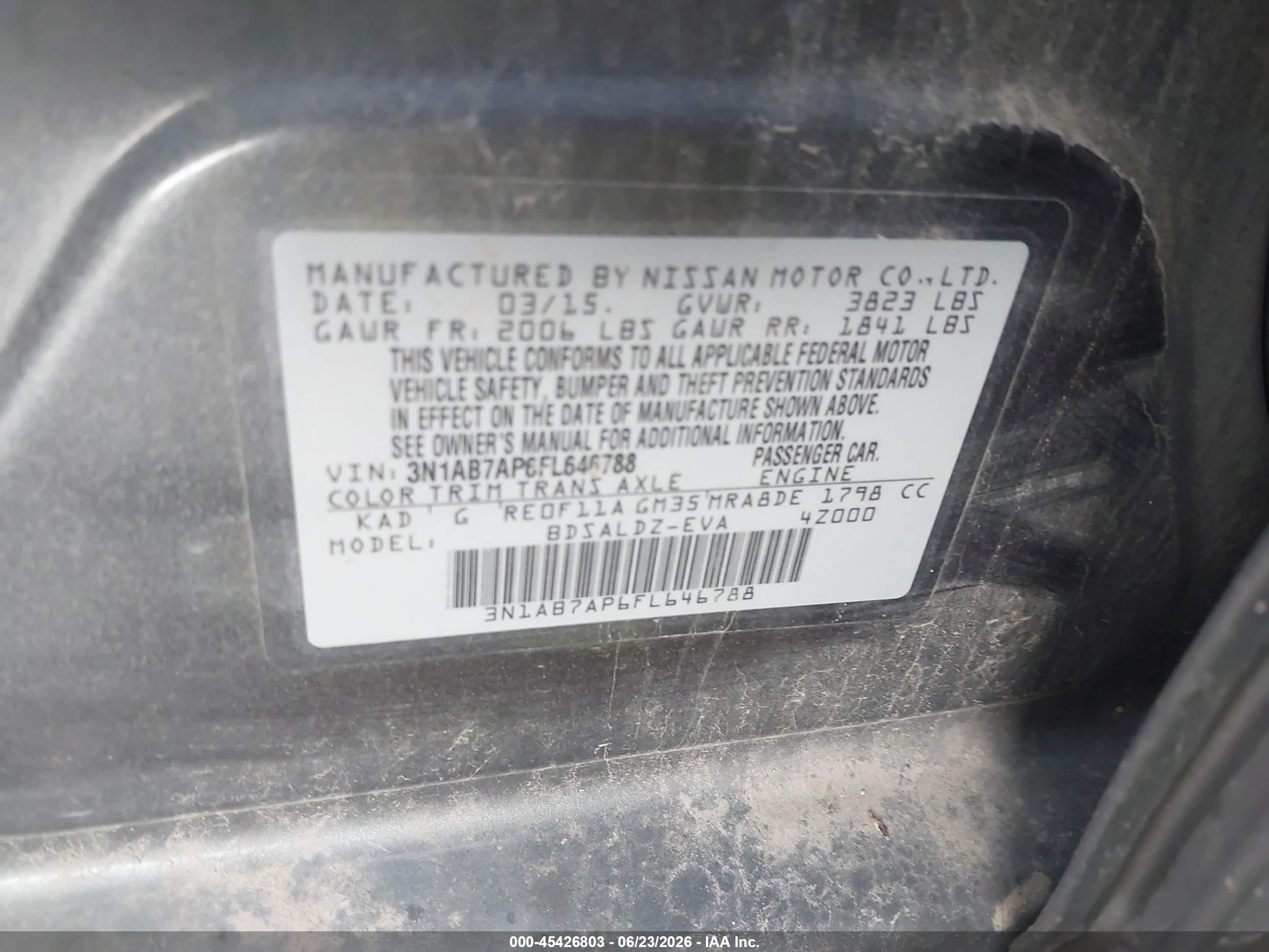 2015 Nissan Sentra Fe+ S/s/sl/sr/sv Gray vin: 3N1AB7AP6FL646788