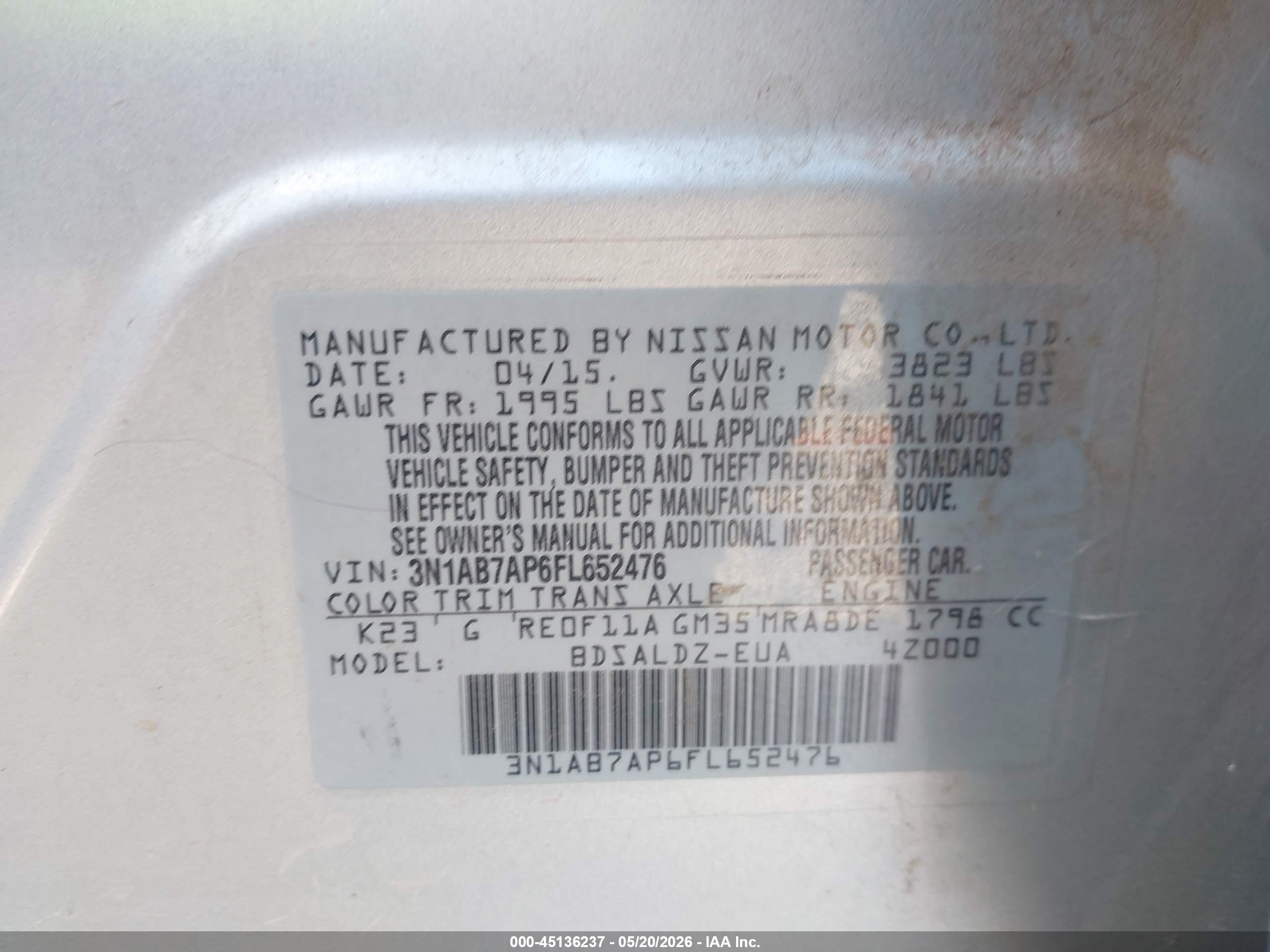 2015 Nissan Sentra Fe+ S/s/sl/sr/sv Silver vin: 3N1AB7AP6FL652476
