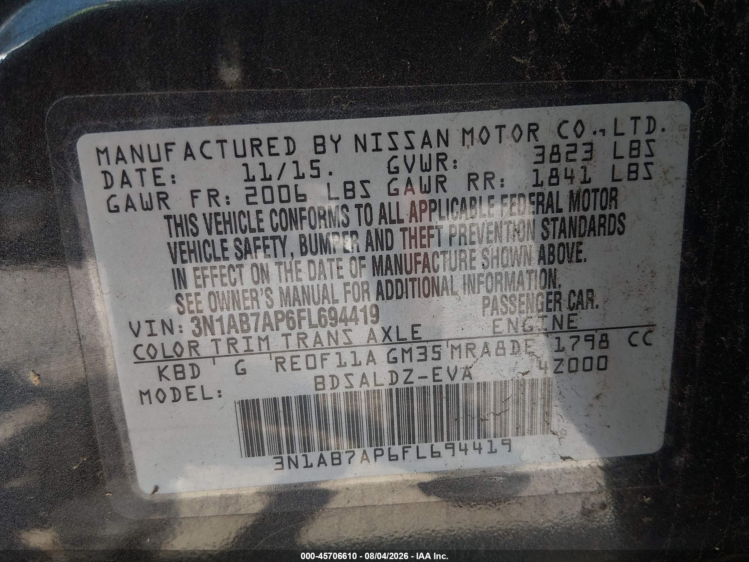 2015 Nissan Sentra Sv Gray vin: 3N1AB7AP6FL694419