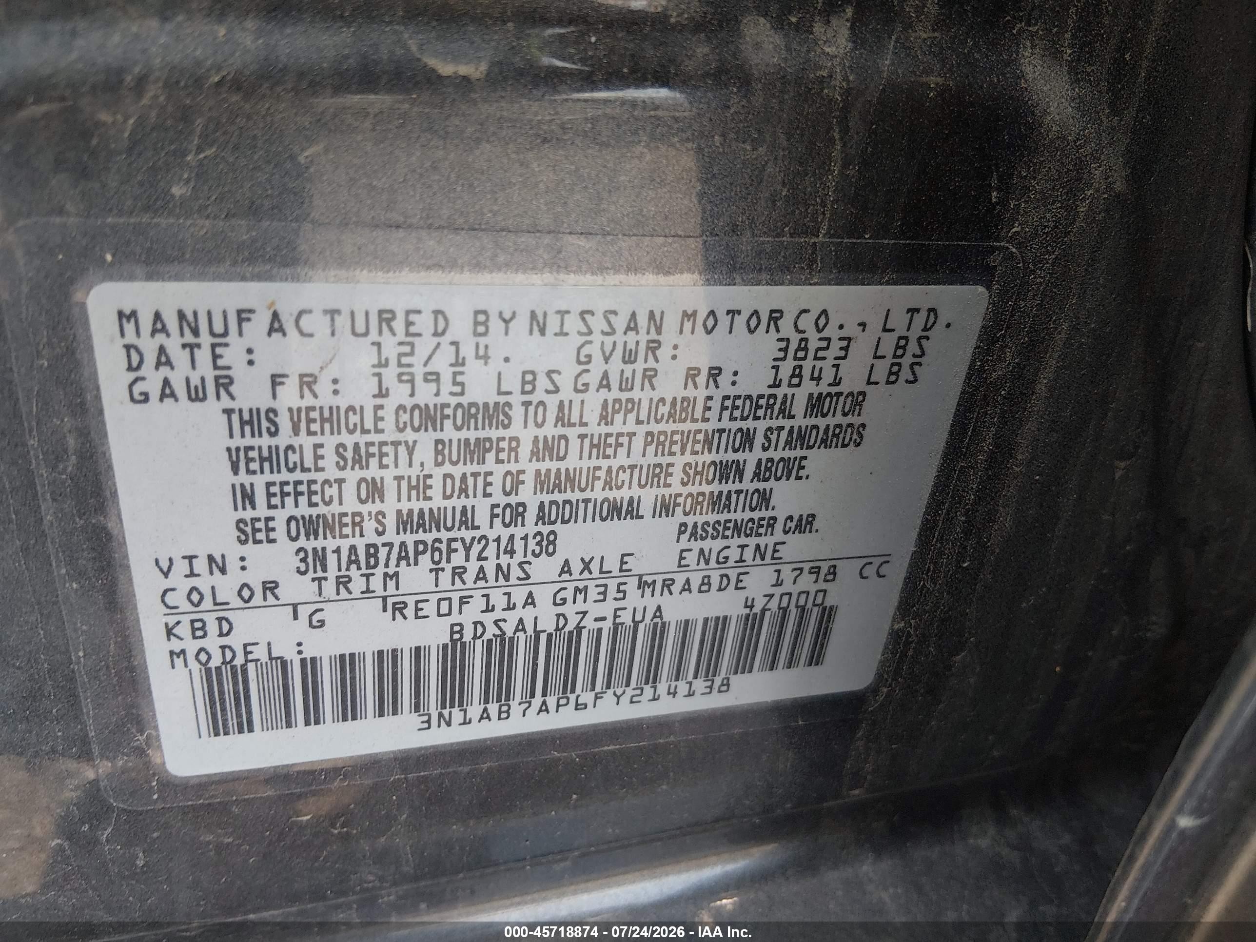 2015 Nissan Sentra Fe+ S/s/sl/sr/sv Gray vin: 3N1AB7AP6FY214138