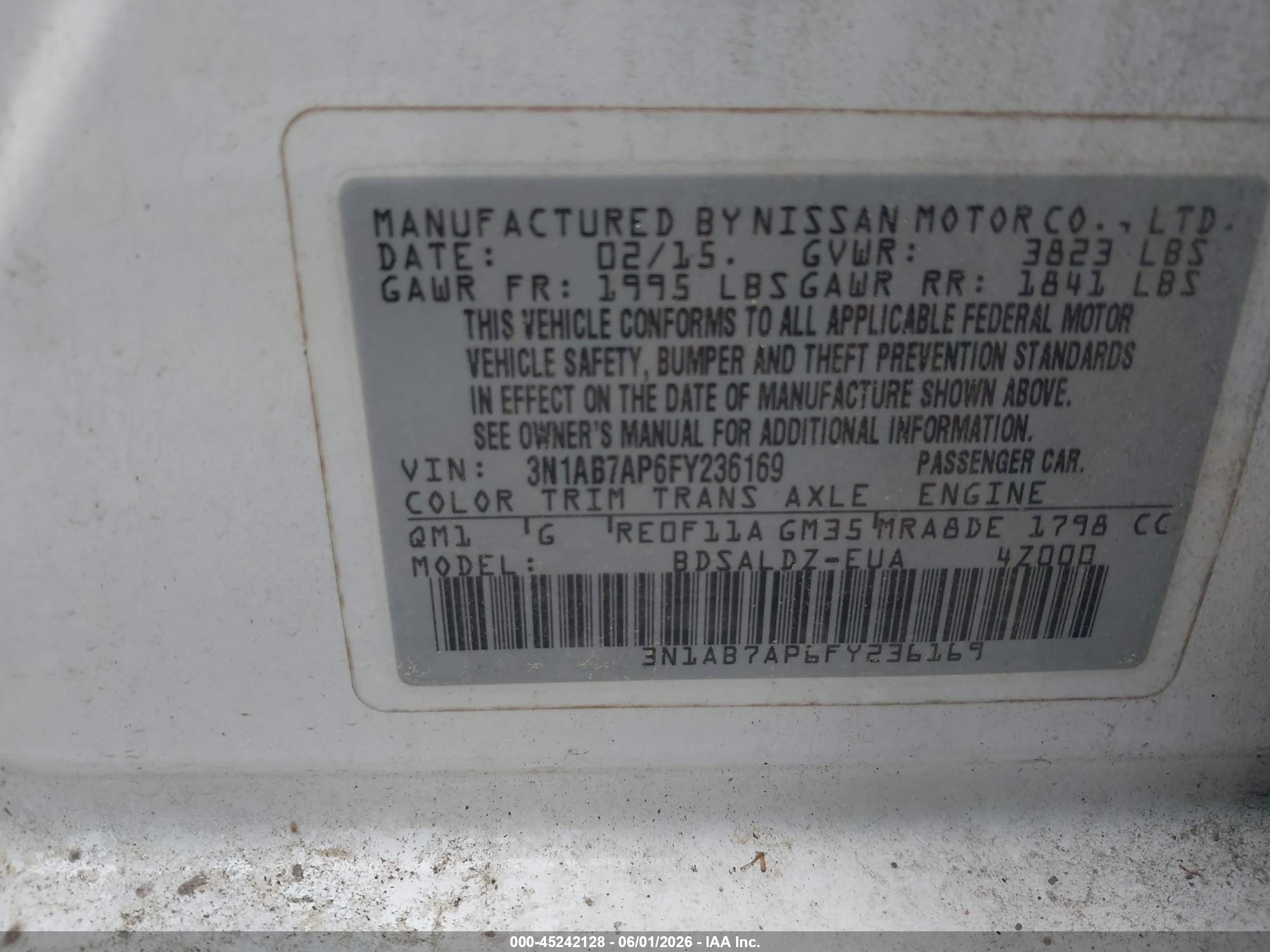 2015 Nissan Sentra Fe+ S/s/sl/sr/sv Белый vin: 3N1AB7AP6FY236169