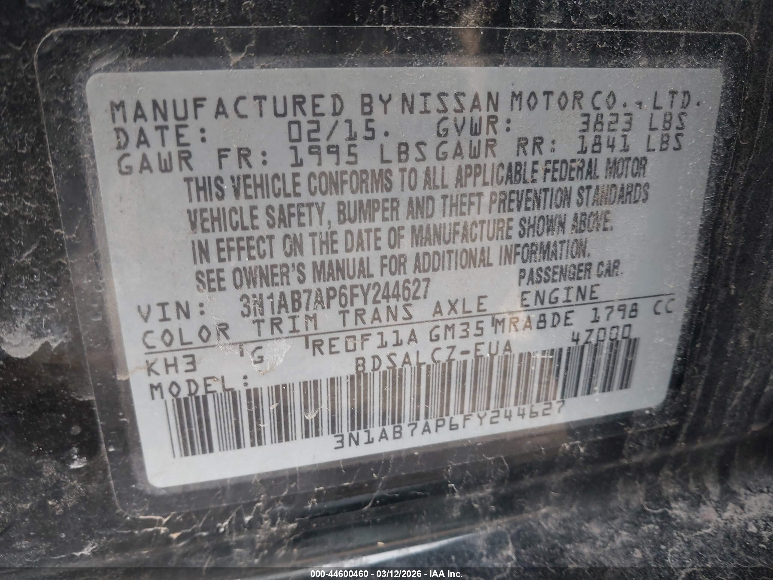 2015 Nissan Sentra S Black vin: 3N1AB7AP6FY244627