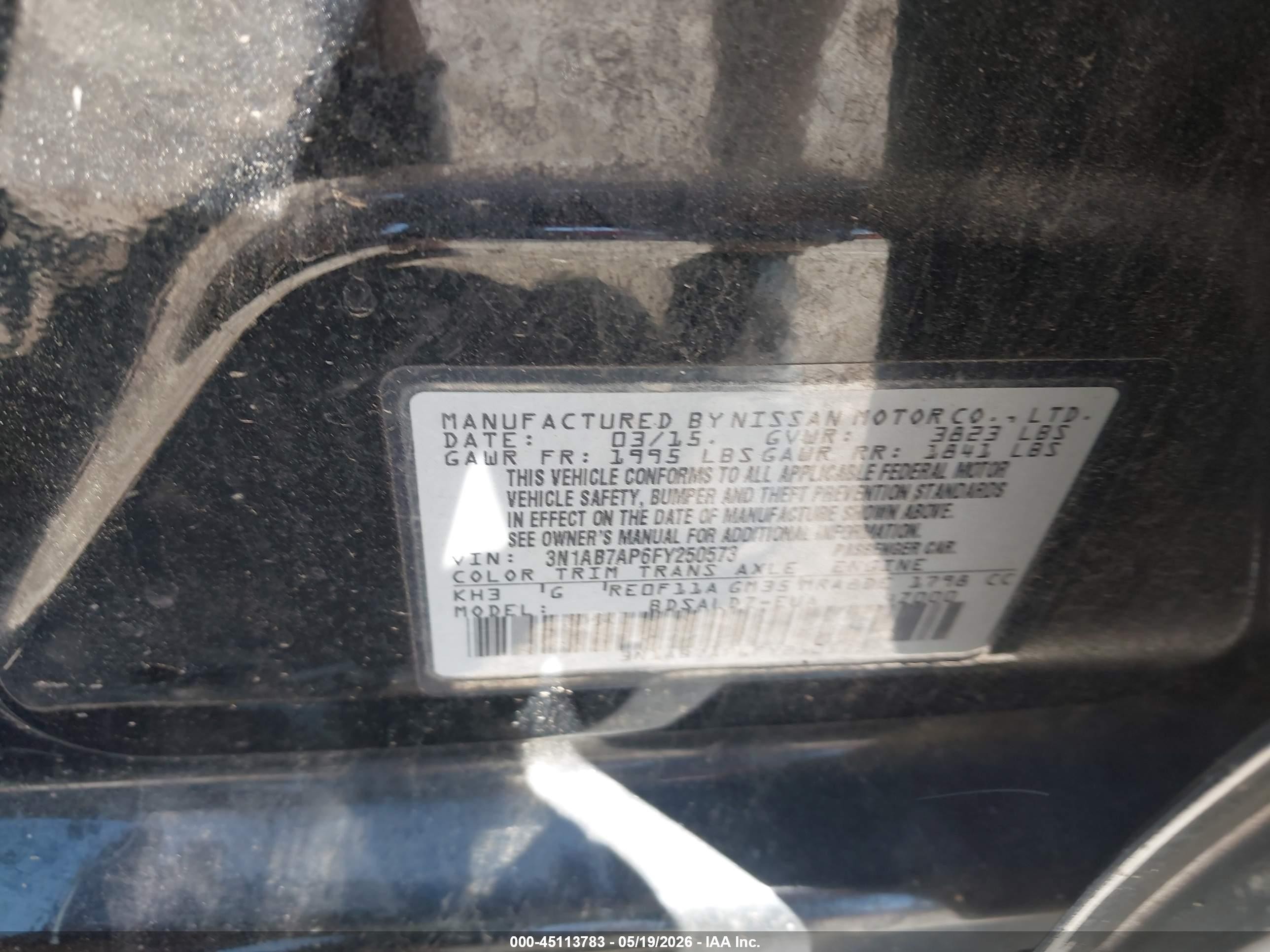 2015 Nissan Sentra Fe+ S/s/sl/sr/sv Черный vin: 3N1AB7AP6FY250573
