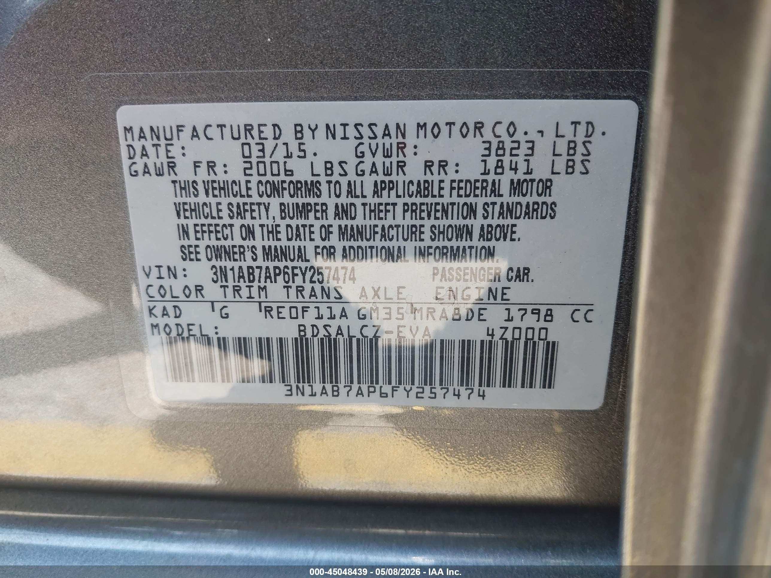 2015 Nissan Sentra S Gray vin: 3N1AB7AP6FY257474