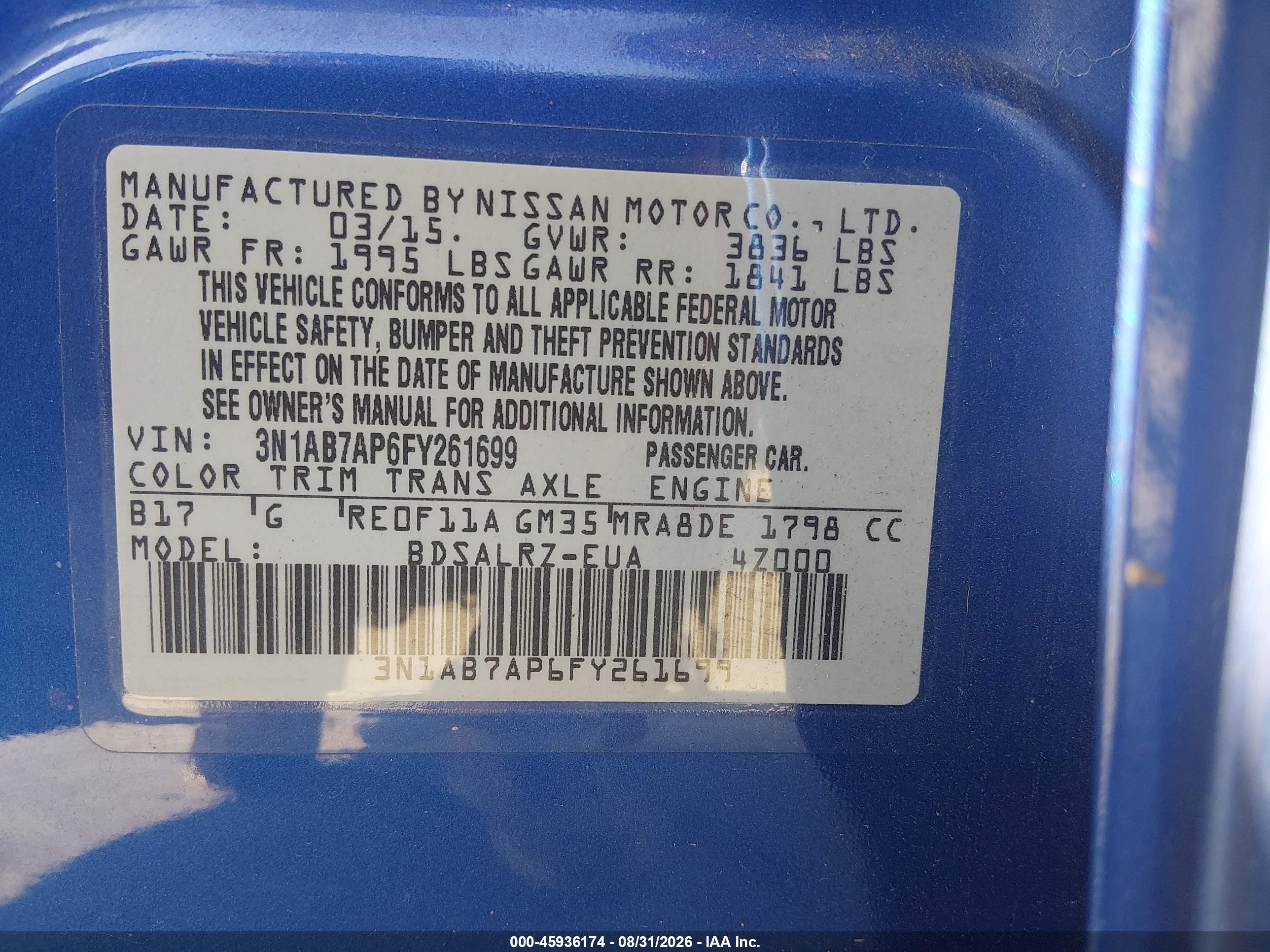 2015 Nissan Sentra Sr Blue vin: 3N1AB7AP6FY261699