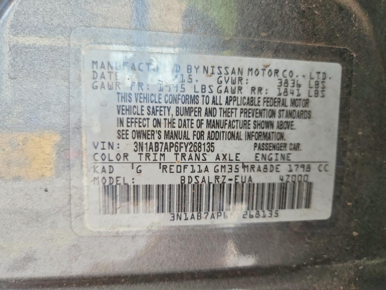 2015 Nissan Sentra Серый vin: 3N1AB7AP6FY268135