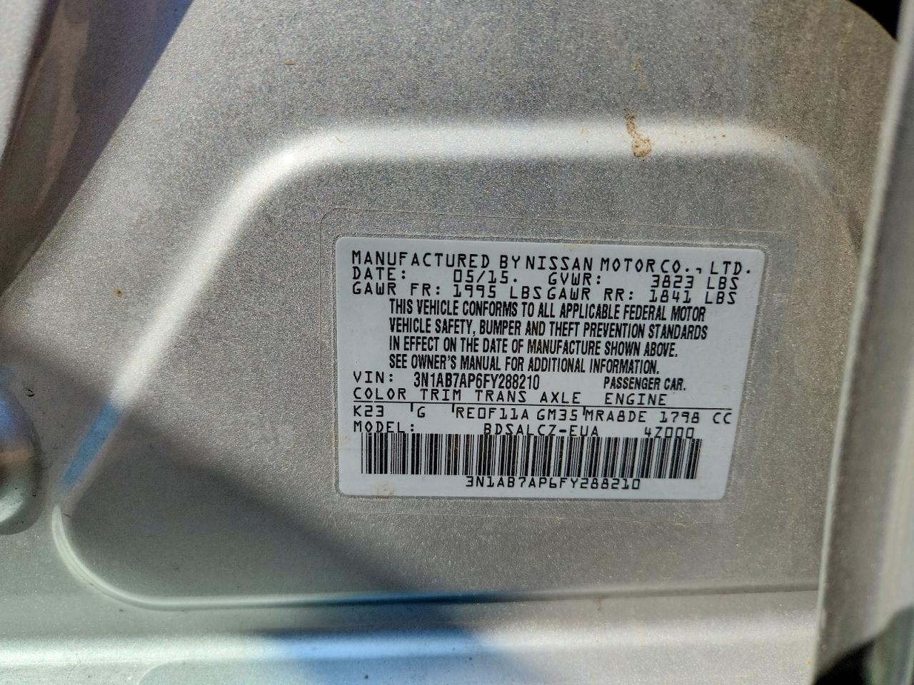 2015 Nissan Sentra S Серебряный vin: 3N1AB7AP6FY288210