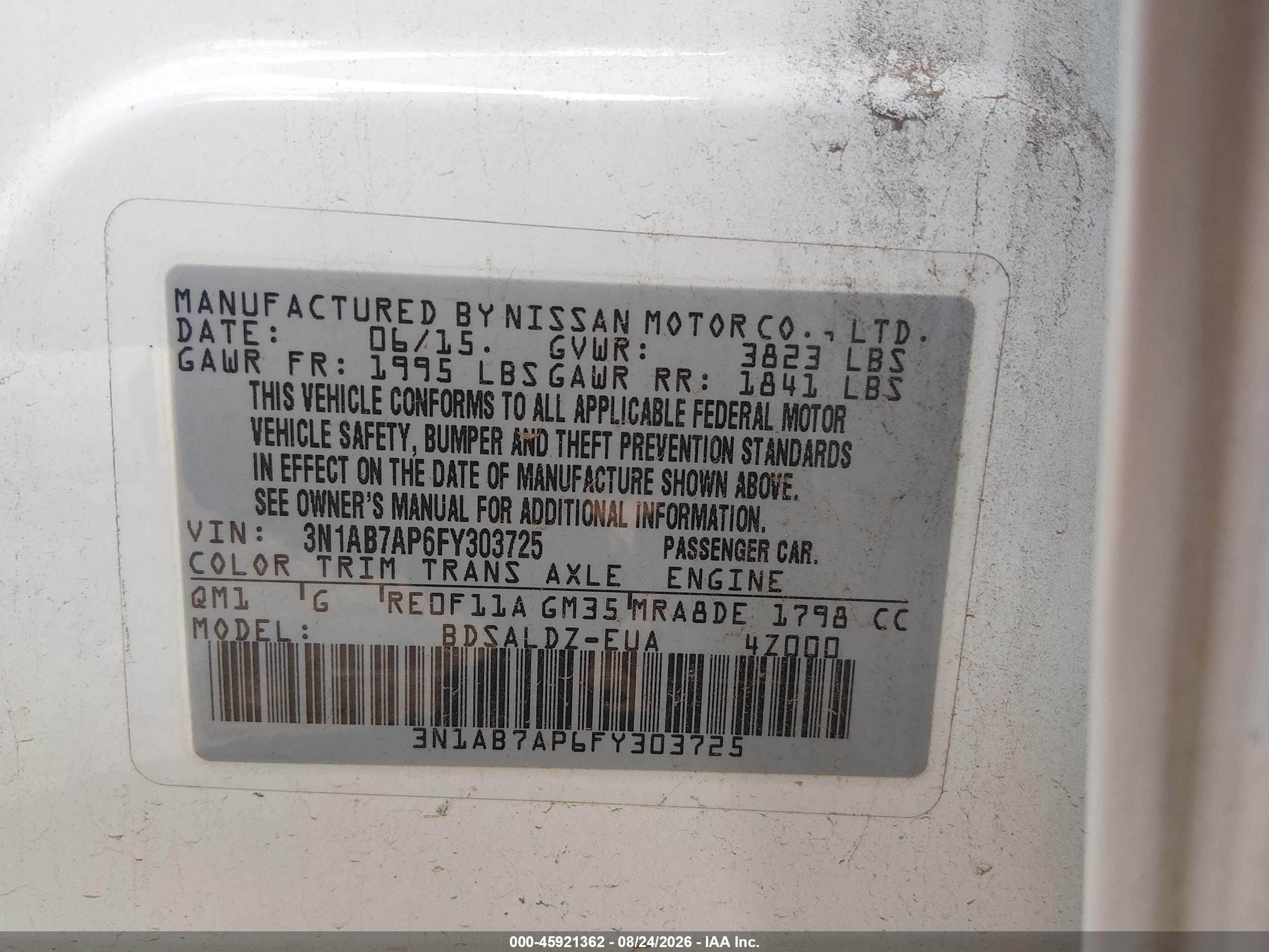 2015 Nissan Sentra Sv White vin: 3N1AB7AP6FY303725