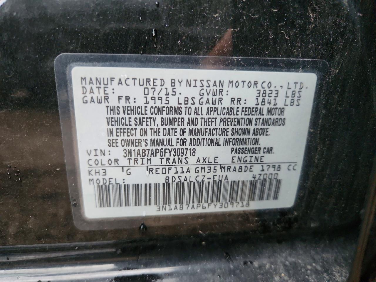 2015 Nissan Sentra S Black vin: 3N1AB7AP6FY309718
