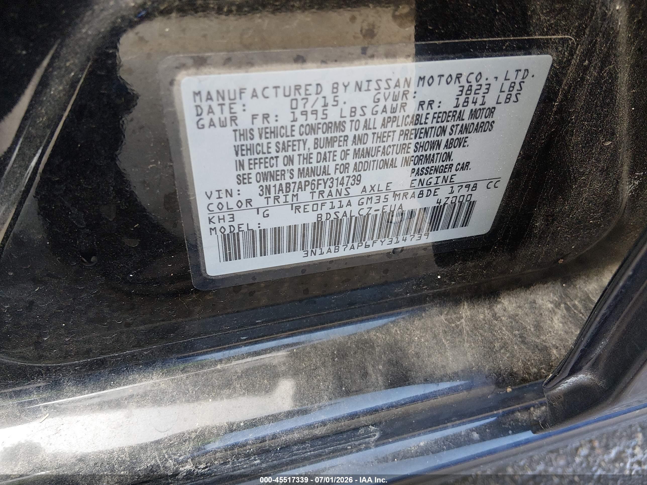 2015 Nissan Sentra S Black vin: 3N1AB7AP6FY314739