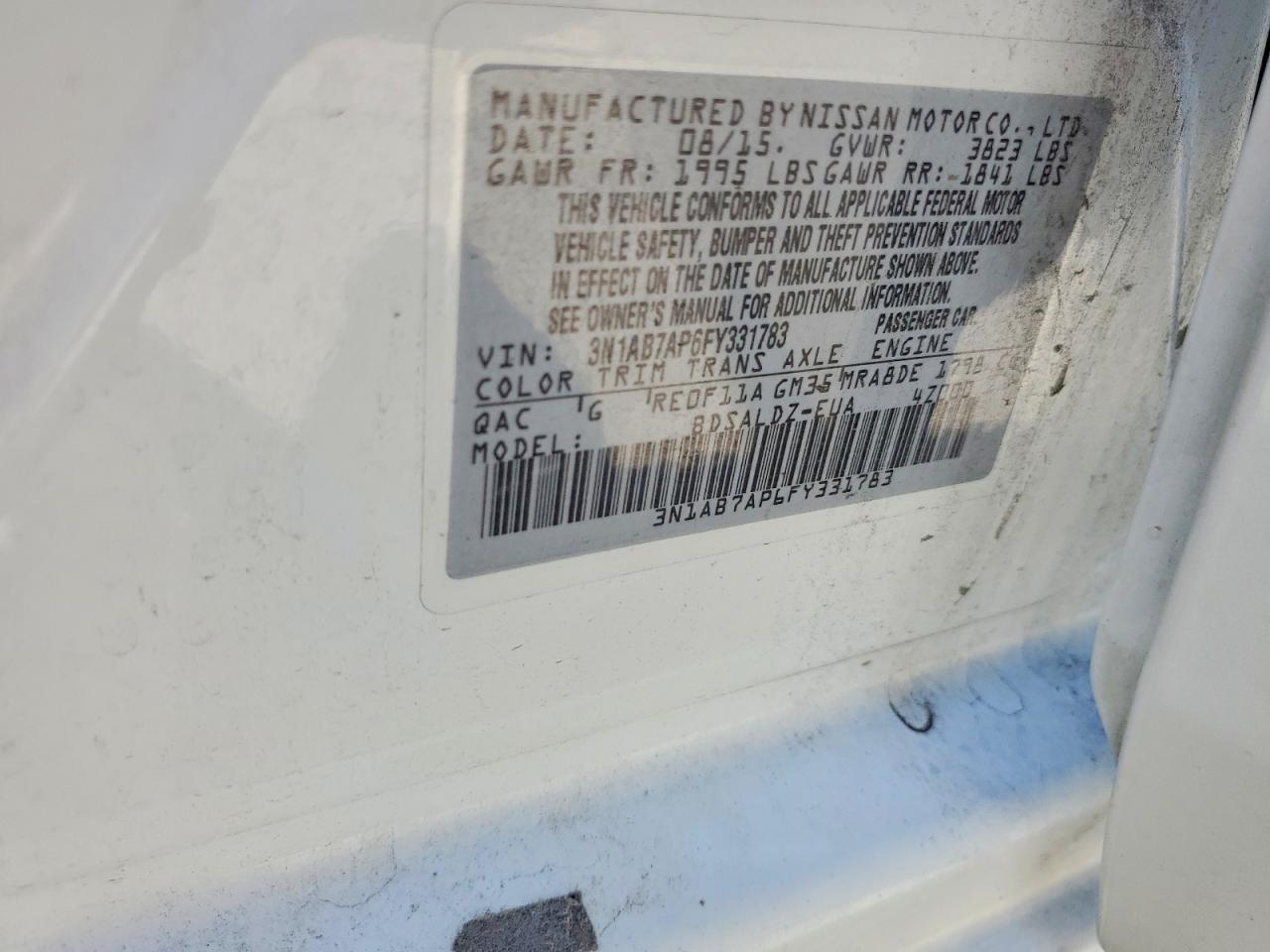 2015 Nissan Sentra Sv White vin: 3N1AB7AP6FY331783