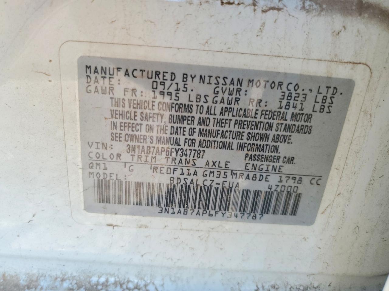 2015 Nissan Sentra S White vin: 3N1AB7AP6FY347787