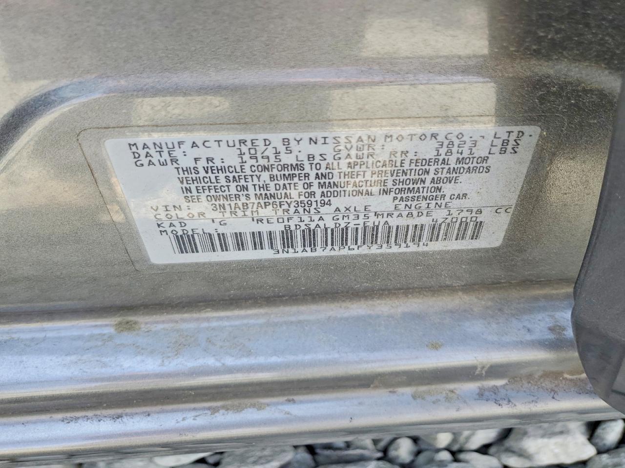 2015 Nissan Sentra Sv Charcoal vin: 3N1AB7AP6FY359194