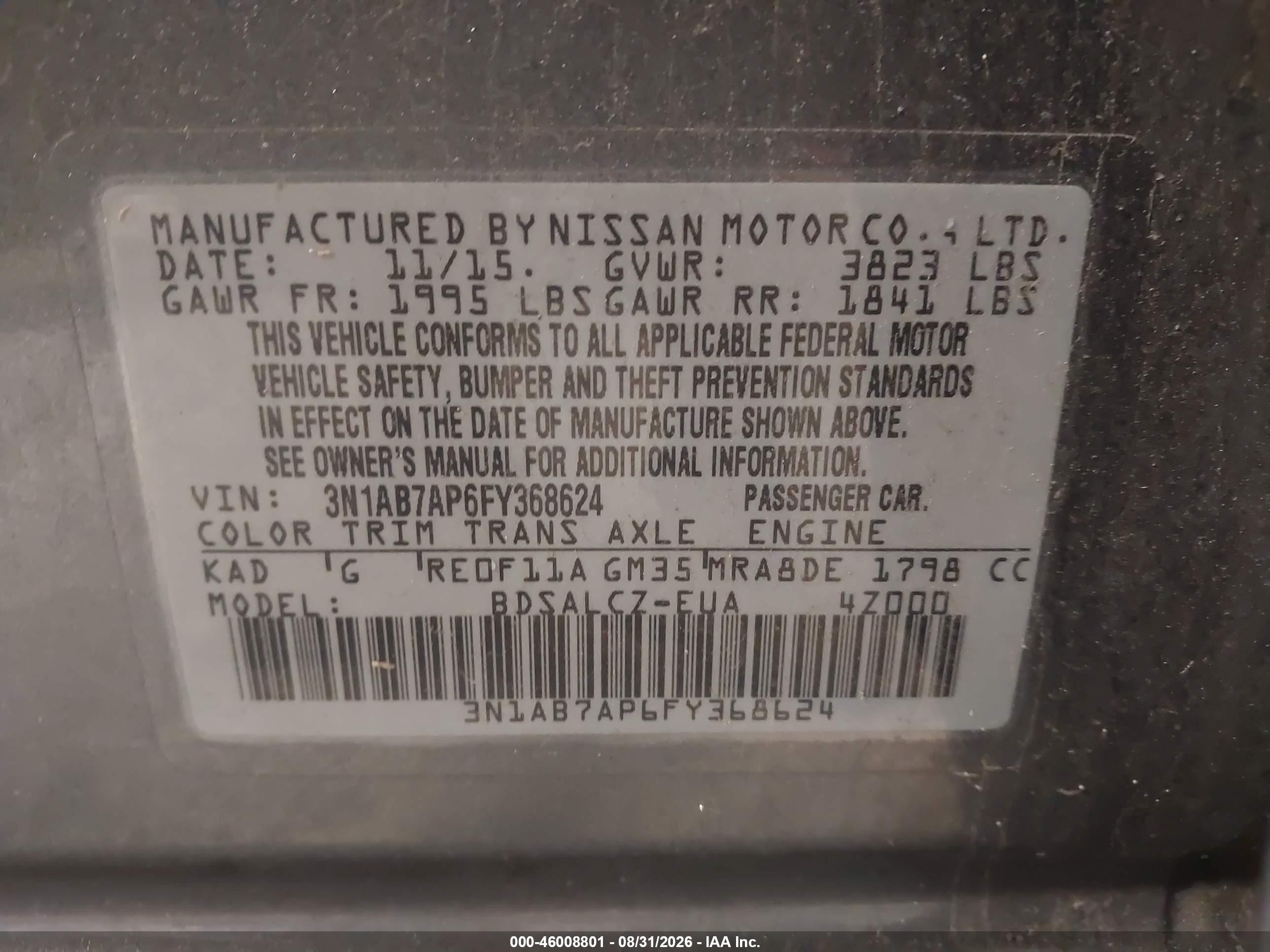 2015 Nissan Sentra S Gray vin: 3N1AB7AP6FY368624