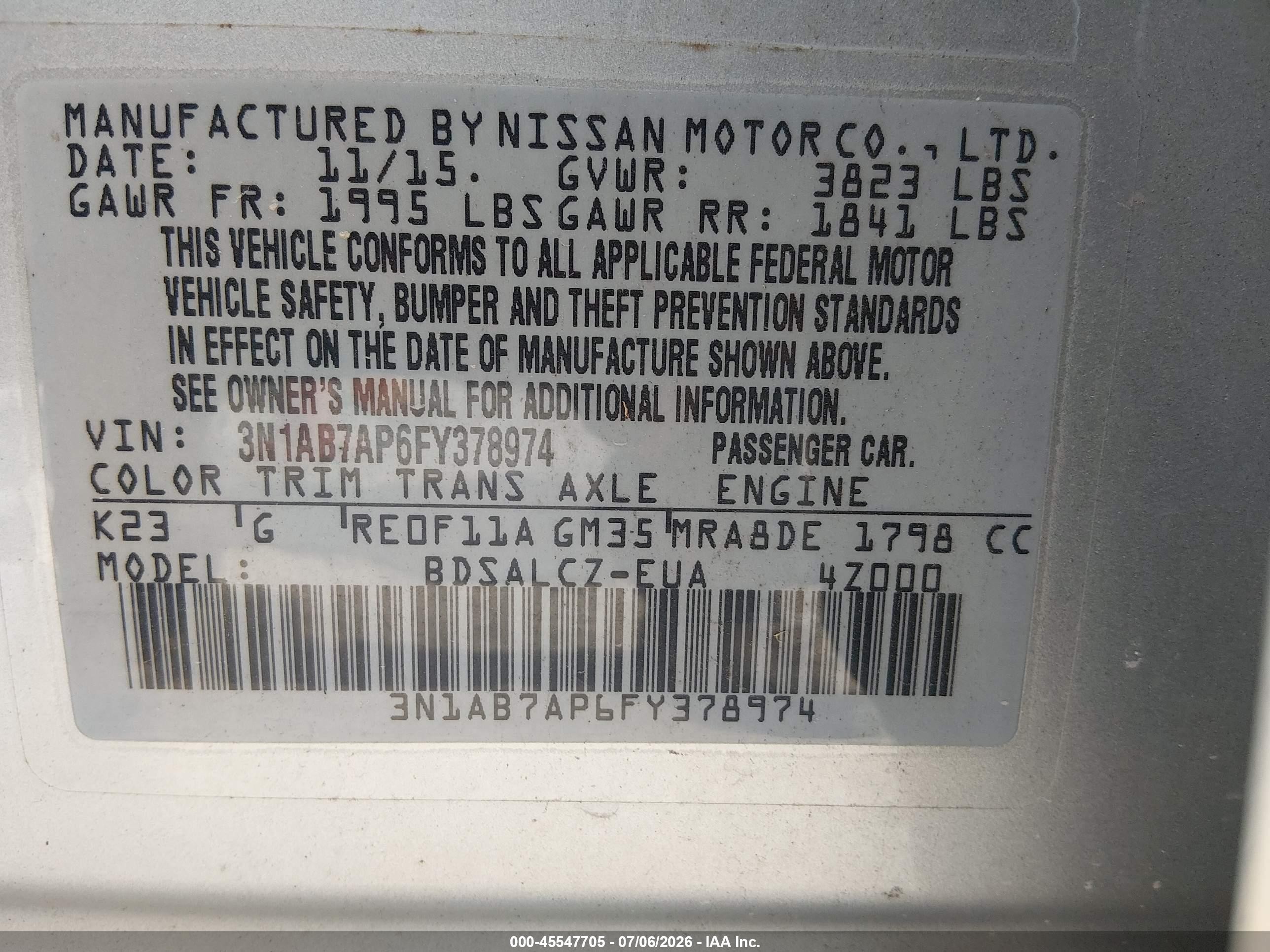 2015 Nissan Sentra S Silver vin: 3N1AB7AP6FY378974