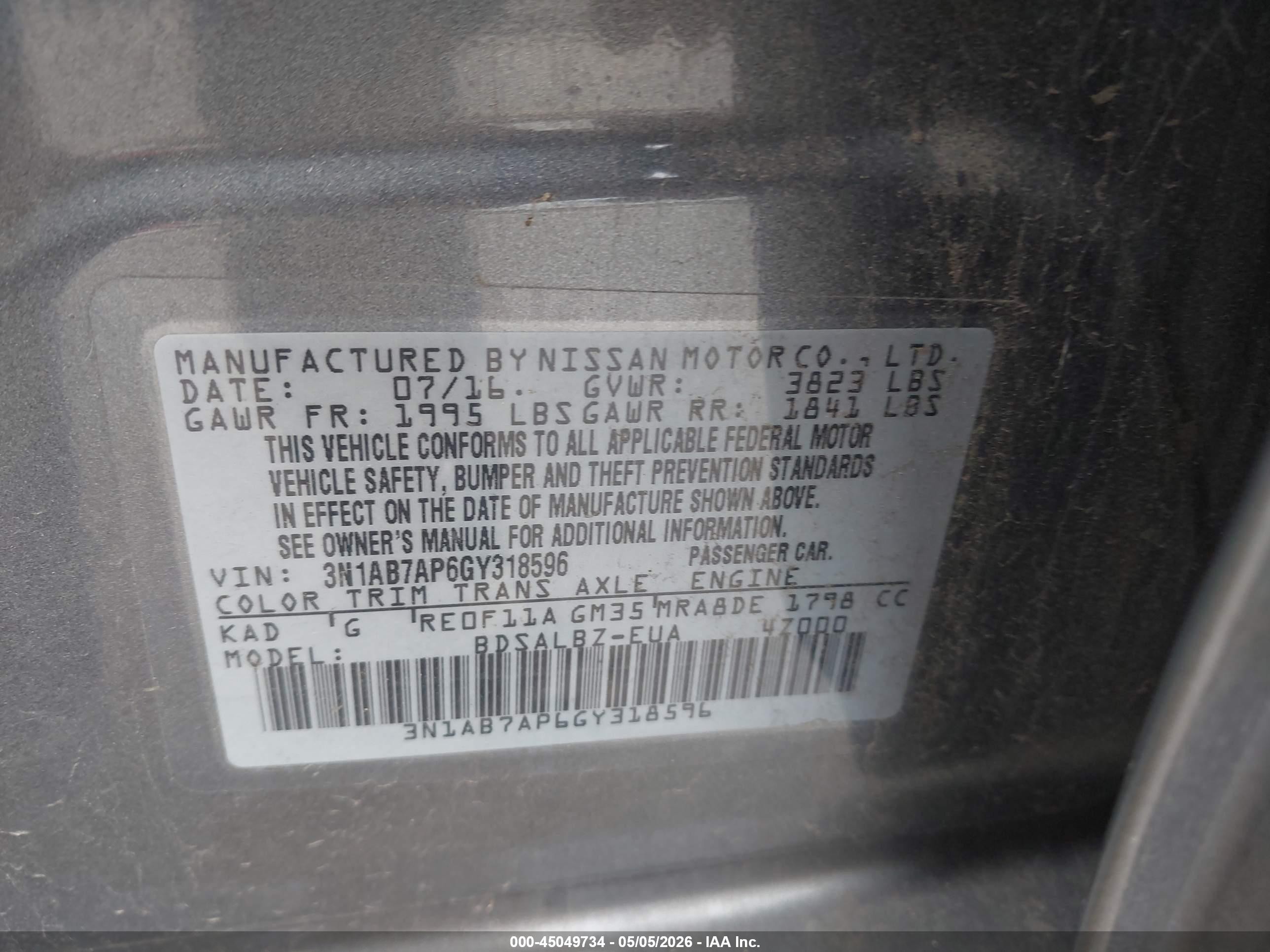 2016 Nissan Sentra S Серый vin: 3N1AB7AP6GY318596