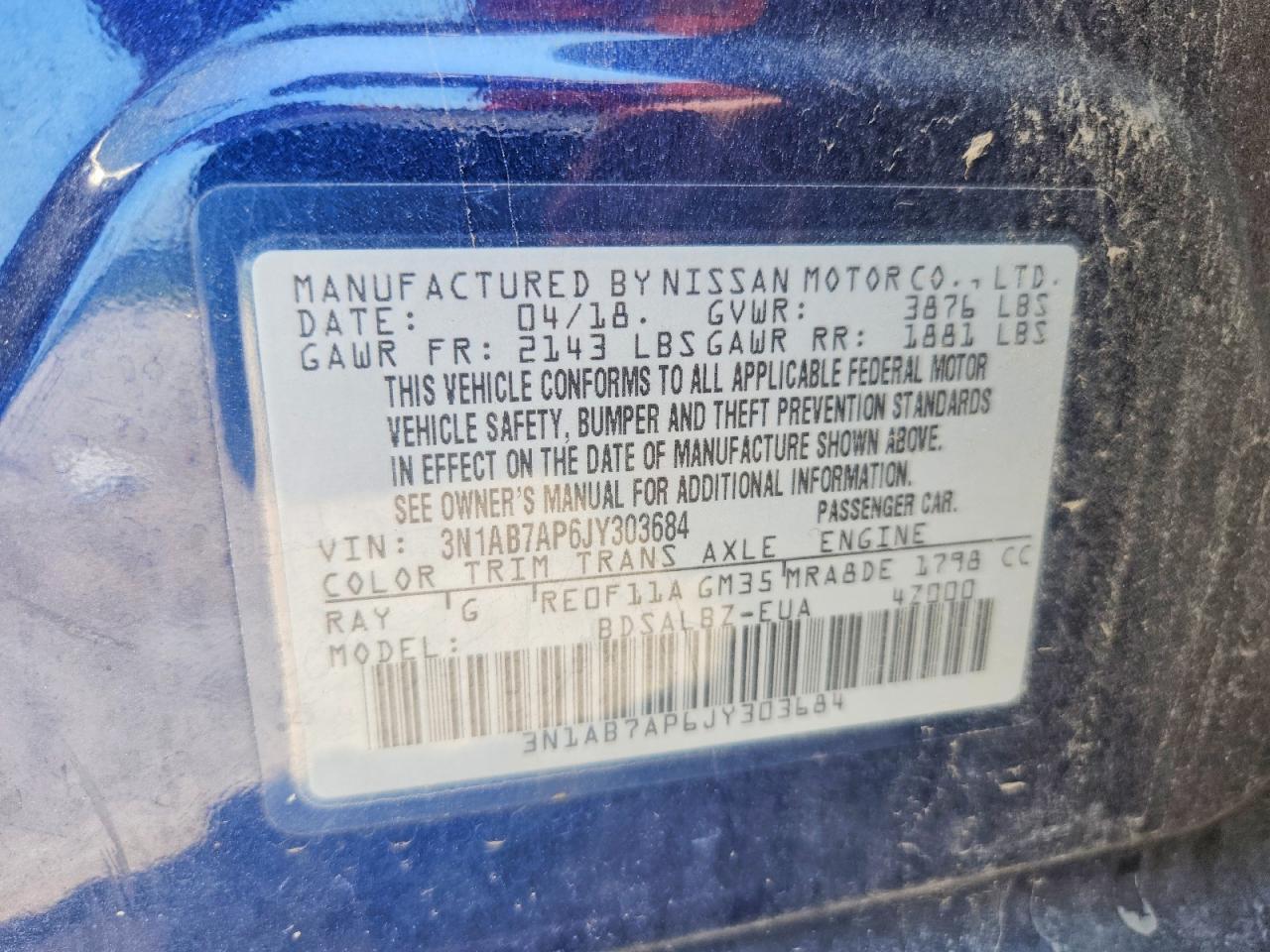 2018 Nissan Sentra S Blue vin: 3N1AB7AP6JY303684