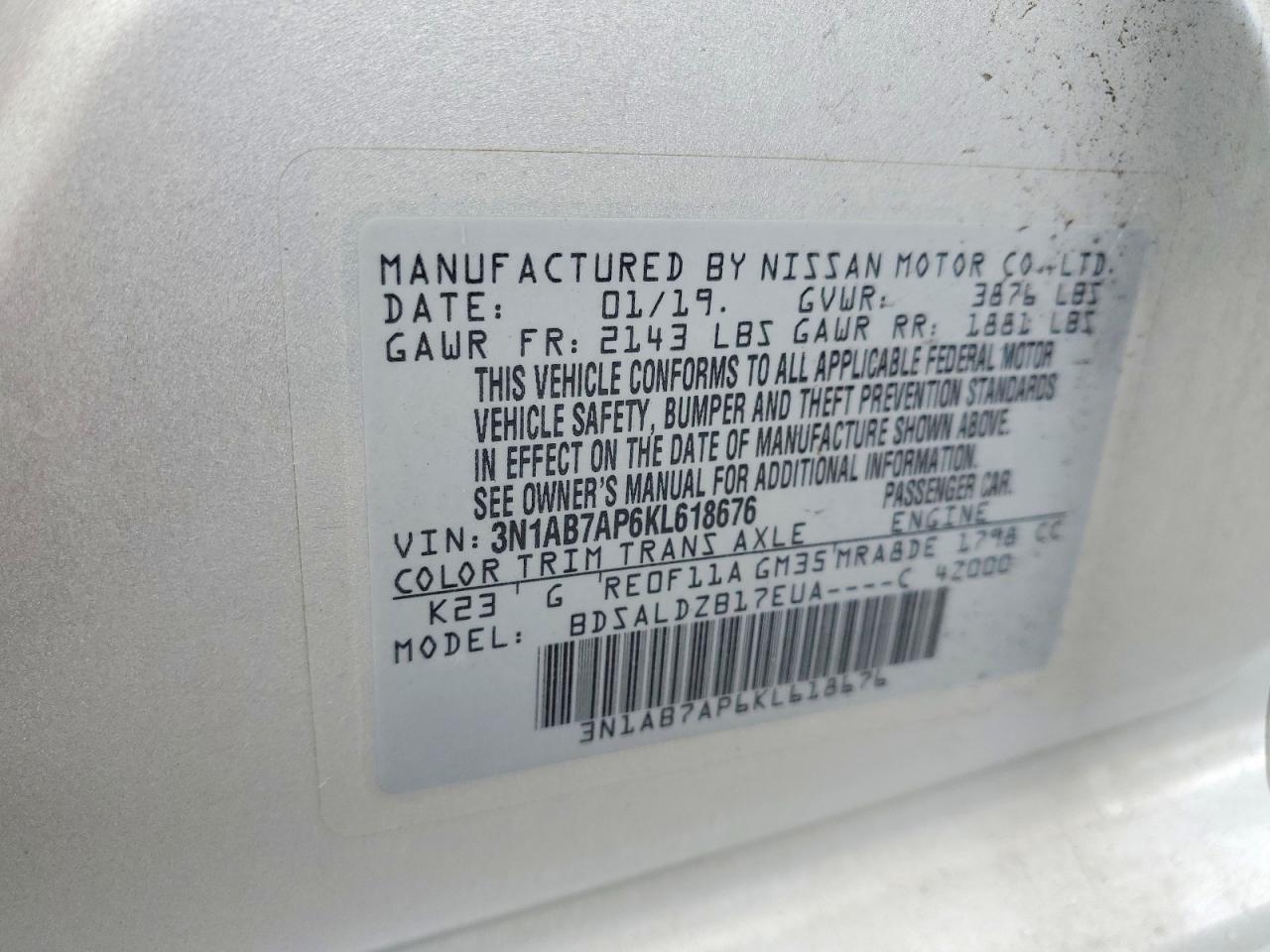 2019 Nissan Sentra Sv Серебряный vin: 3N1AB7AP6KL618676