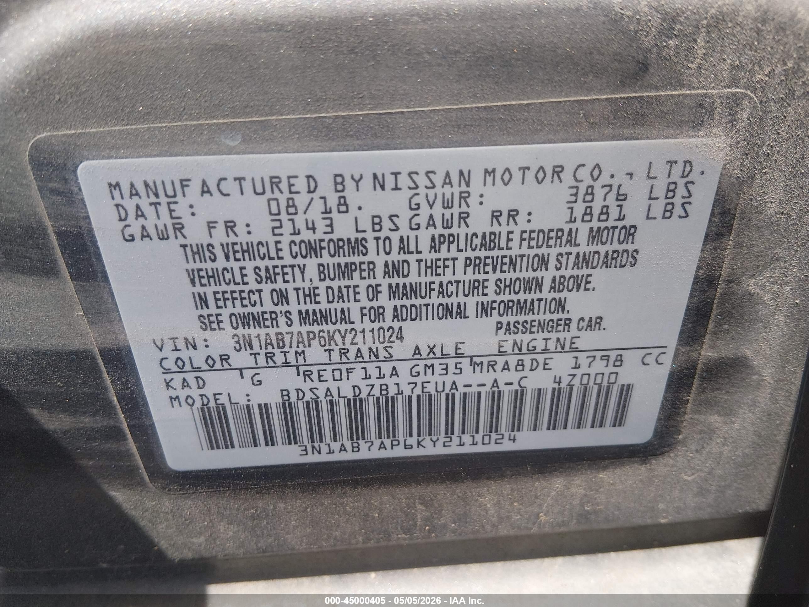 2019 Nissan Sentra Sv Gray vin: 3N1AB7AP6KY211024