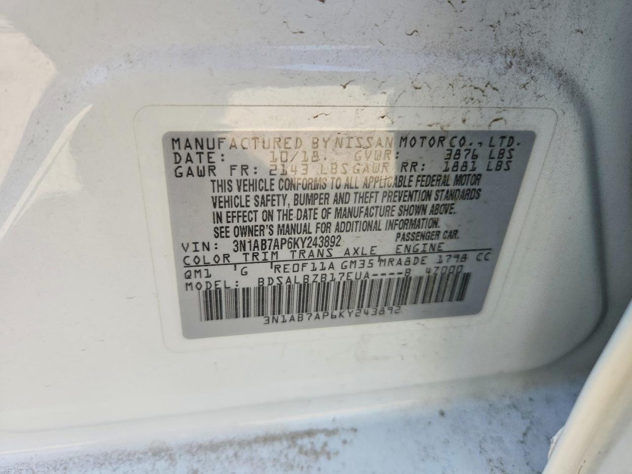 2019 Nissan Sentra S White vin: 3N1AB7AP6KY243892