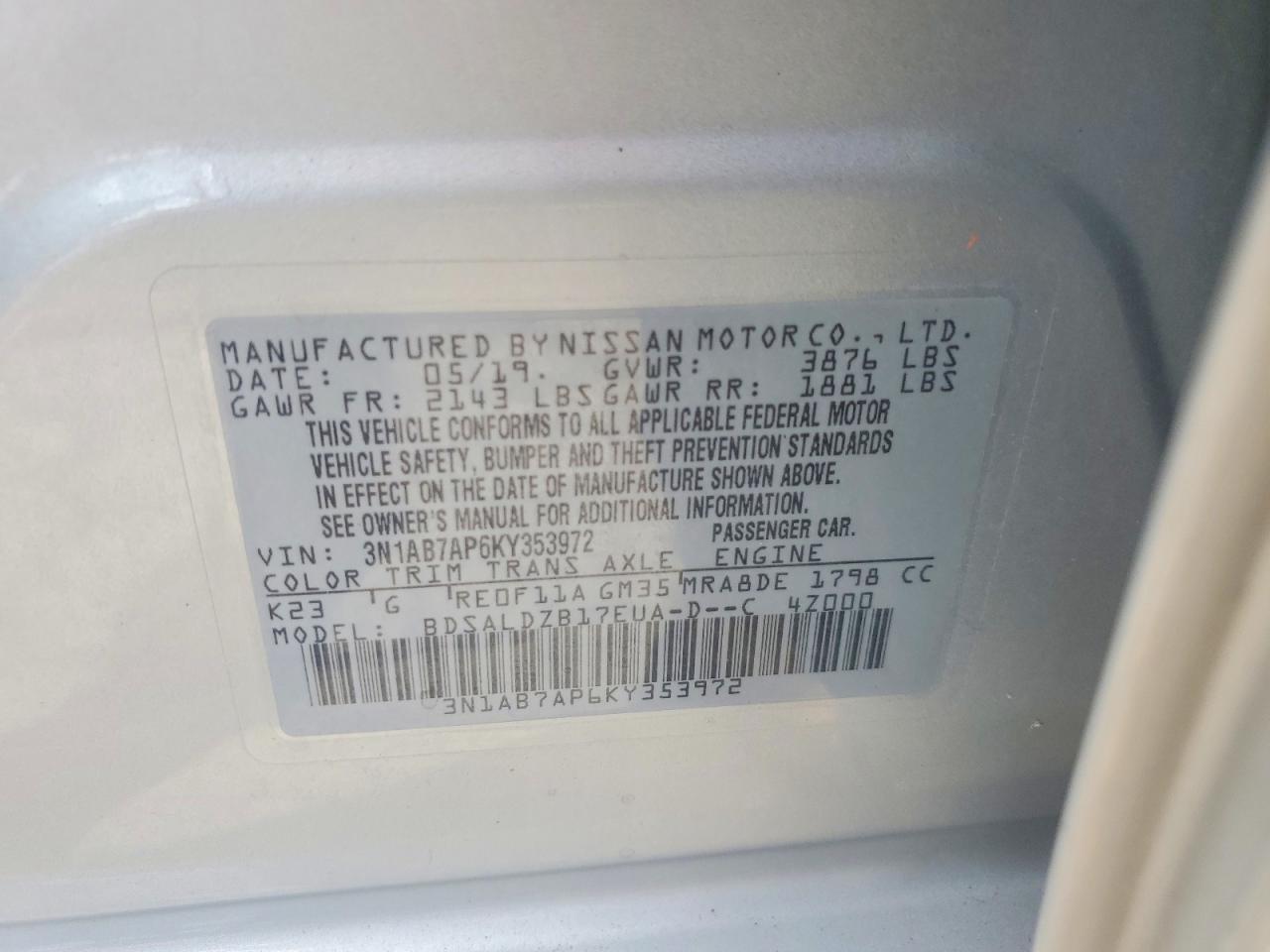 2019 Nissan Sentra Sv Silver vin: 3N1AB7AP6KY353972
