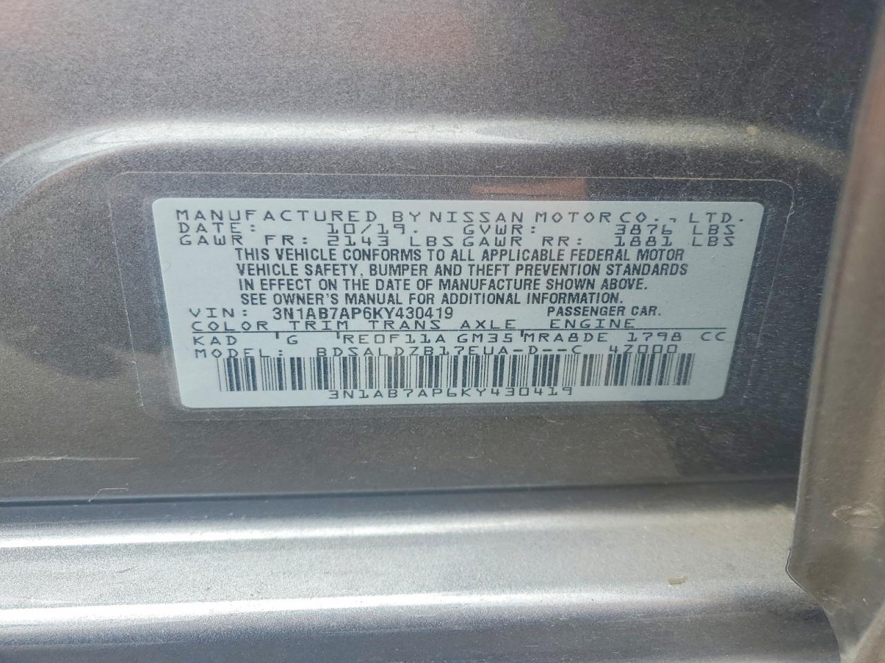 2019 Nissan Sentra Sv Gray vin: 3N1AB7AP6KY430419