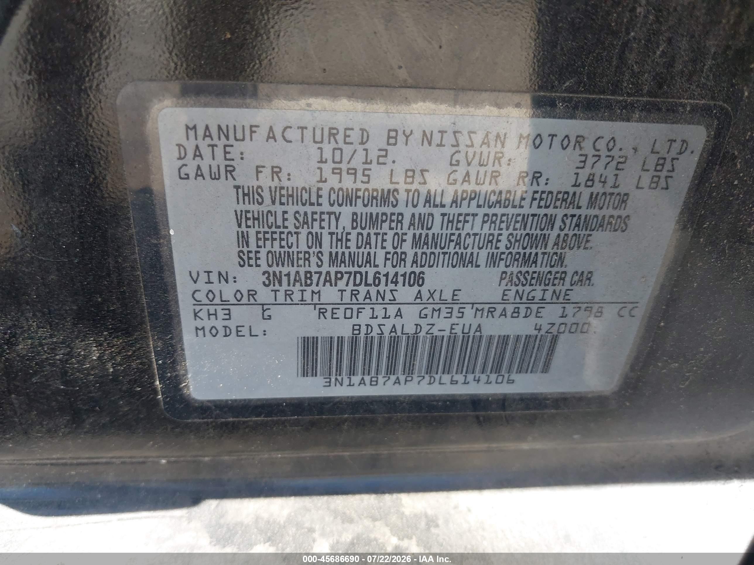 2013 Nissan Sentra Sv Black vin: 3N1AB7AP7DL614106