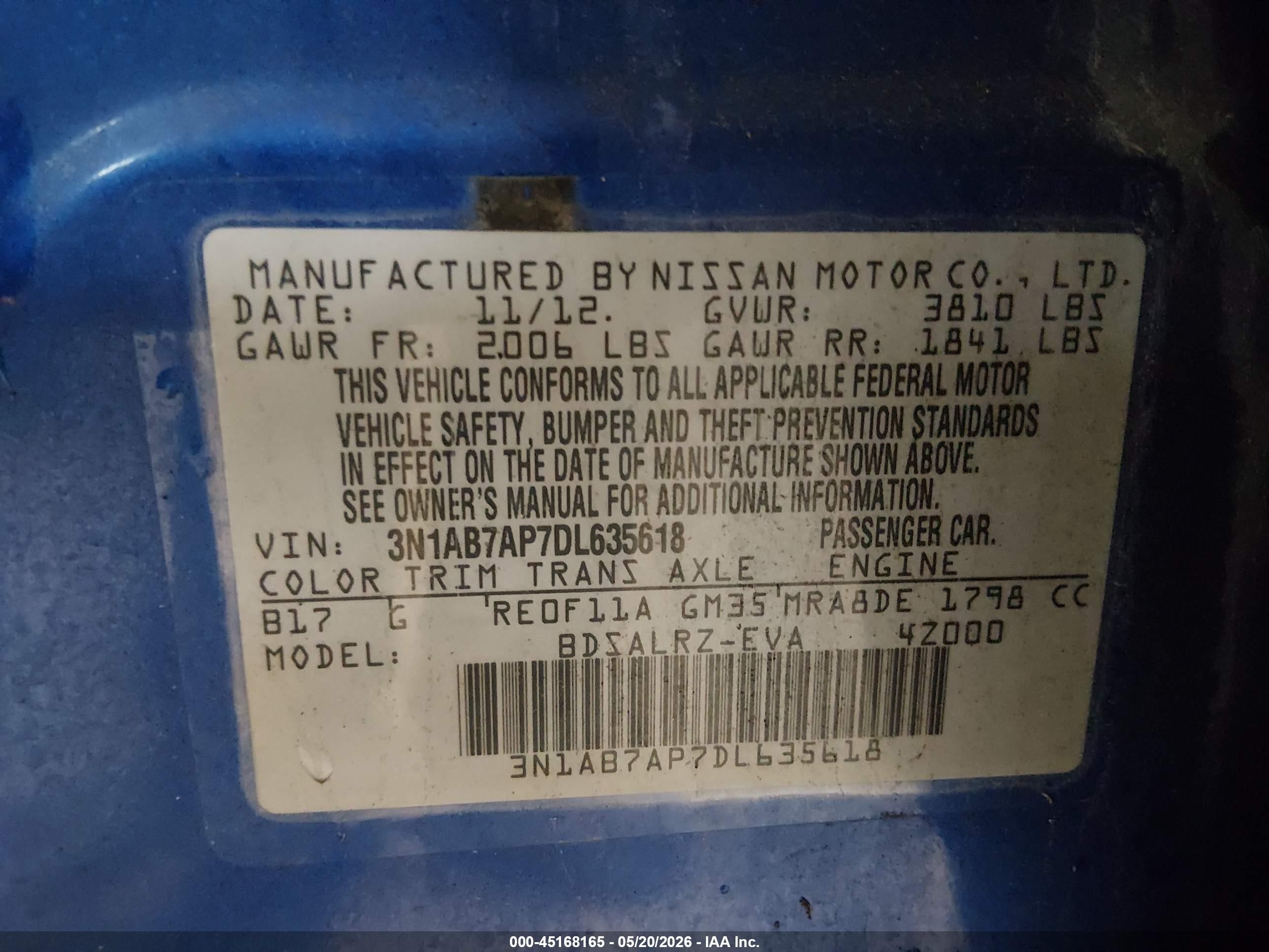 2013 Nissan Sentra Sr Blue vin: 3N1AB7AP7DL635618