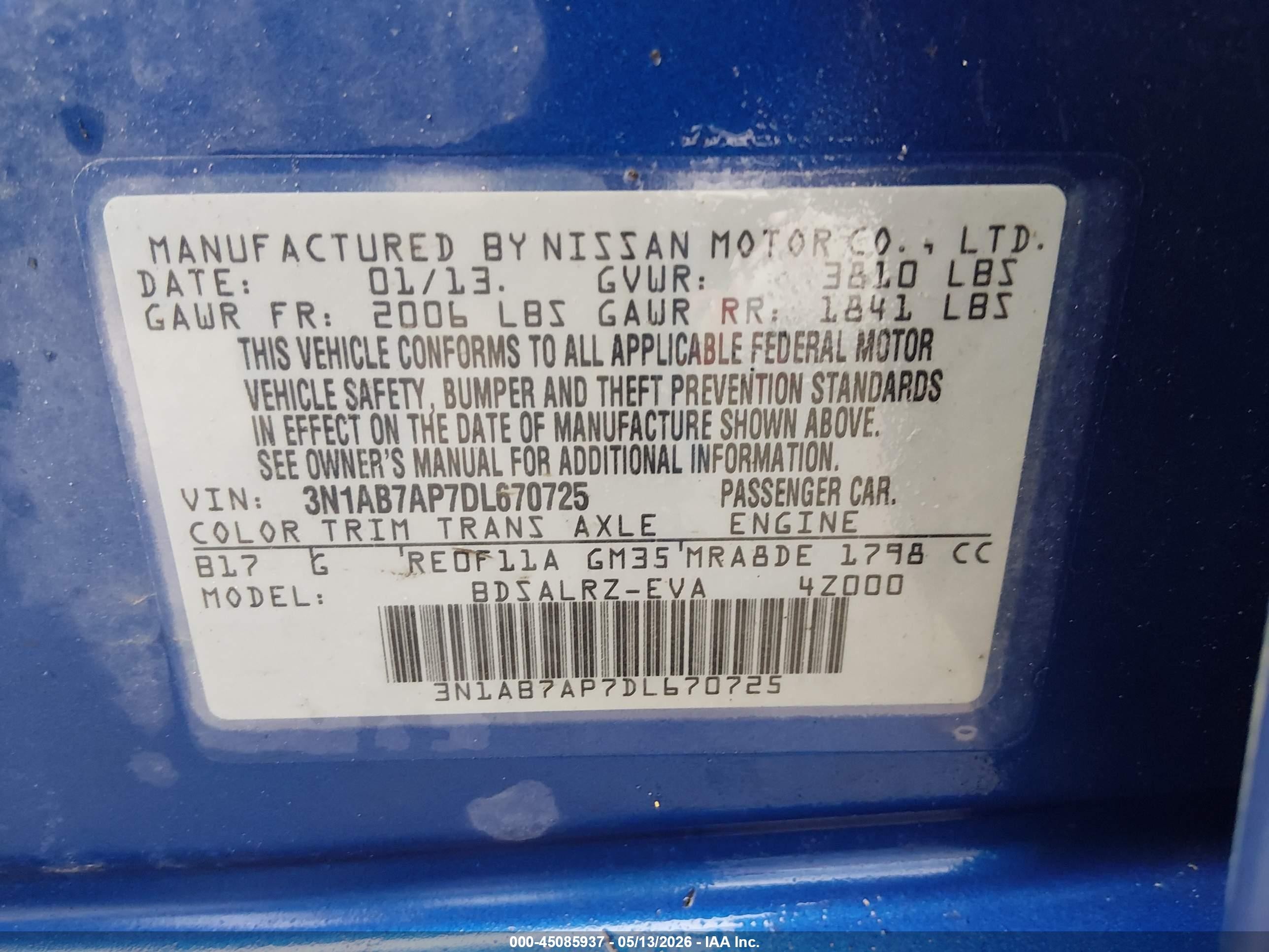 2013 Nissan Sentra Sr Blue vin: 3N1AB7AP7DL670725