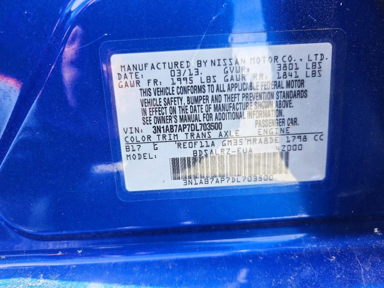 2013 Nissan Sentra S Blue vin: 3N1AB7AP7DL703500