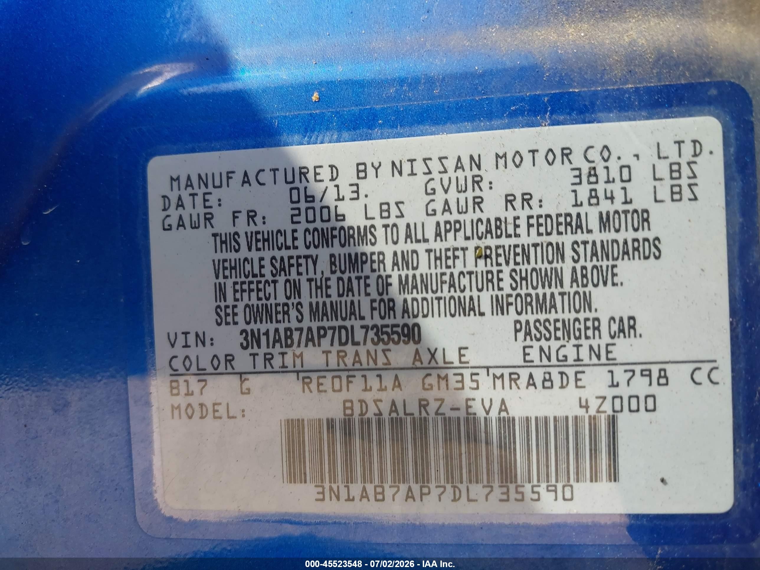 2013 Nissan Sentra Sr Blue vin: 3N1AB7AP7DL735590