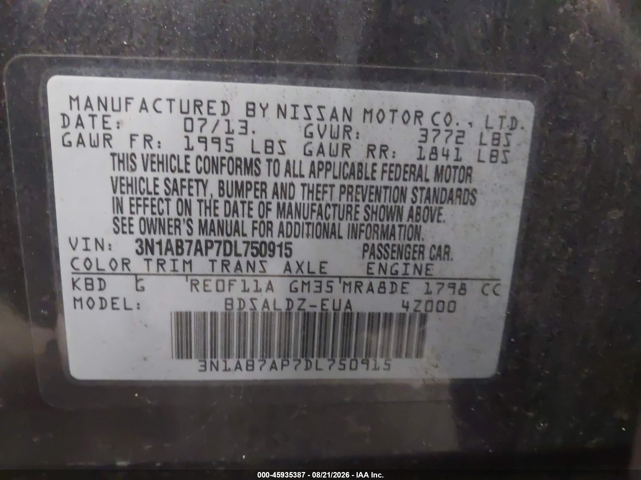 2013 Nissan Sentra Sv Gray vin: 3N1AB7AP7DL750915