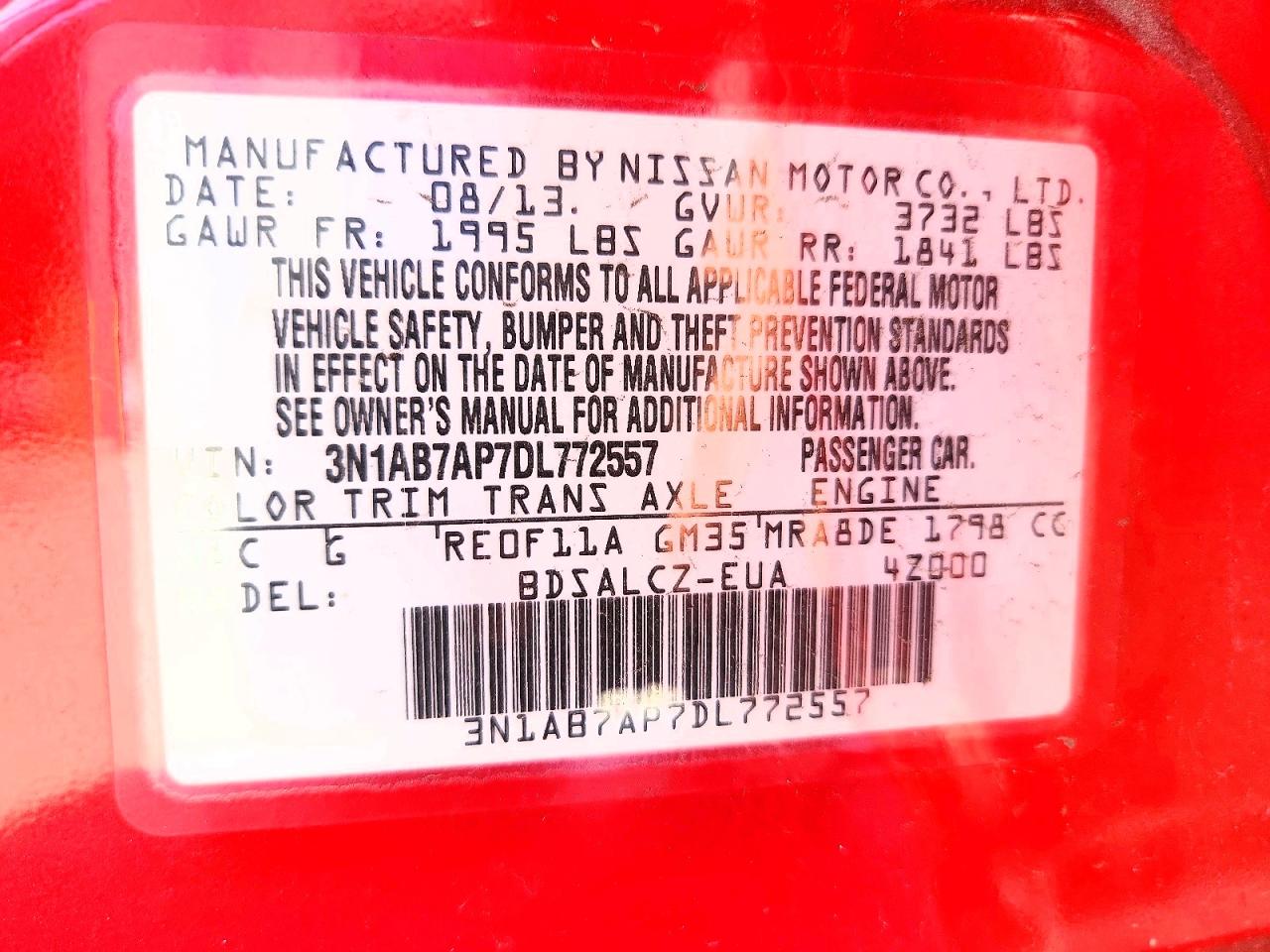 2013 Nissan Sentra S Red vin: 3N1AB7AP7DL772557