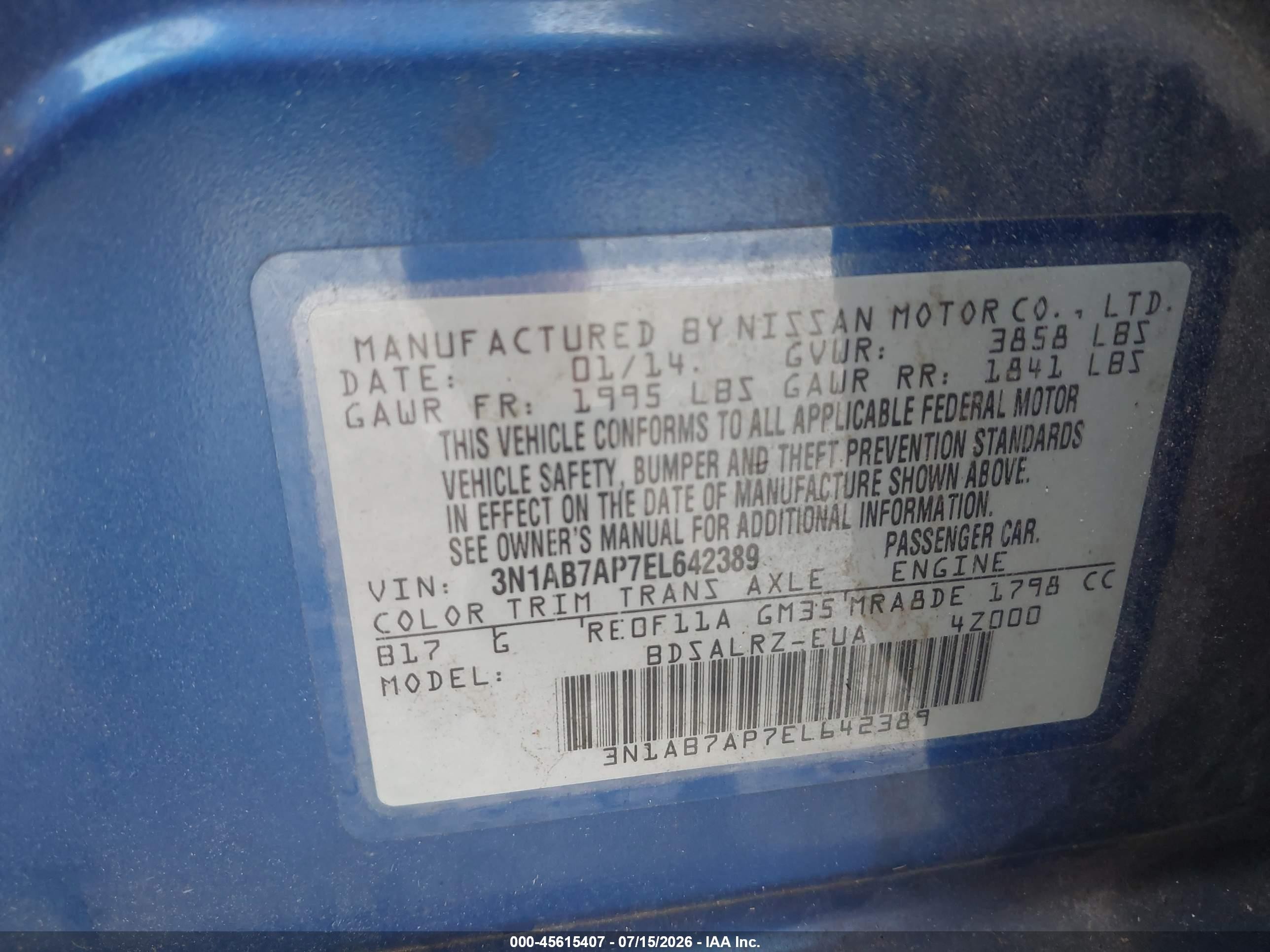 2014 Nissan Sentra Sr Blue vin: 3N1AB7AP7EL642389