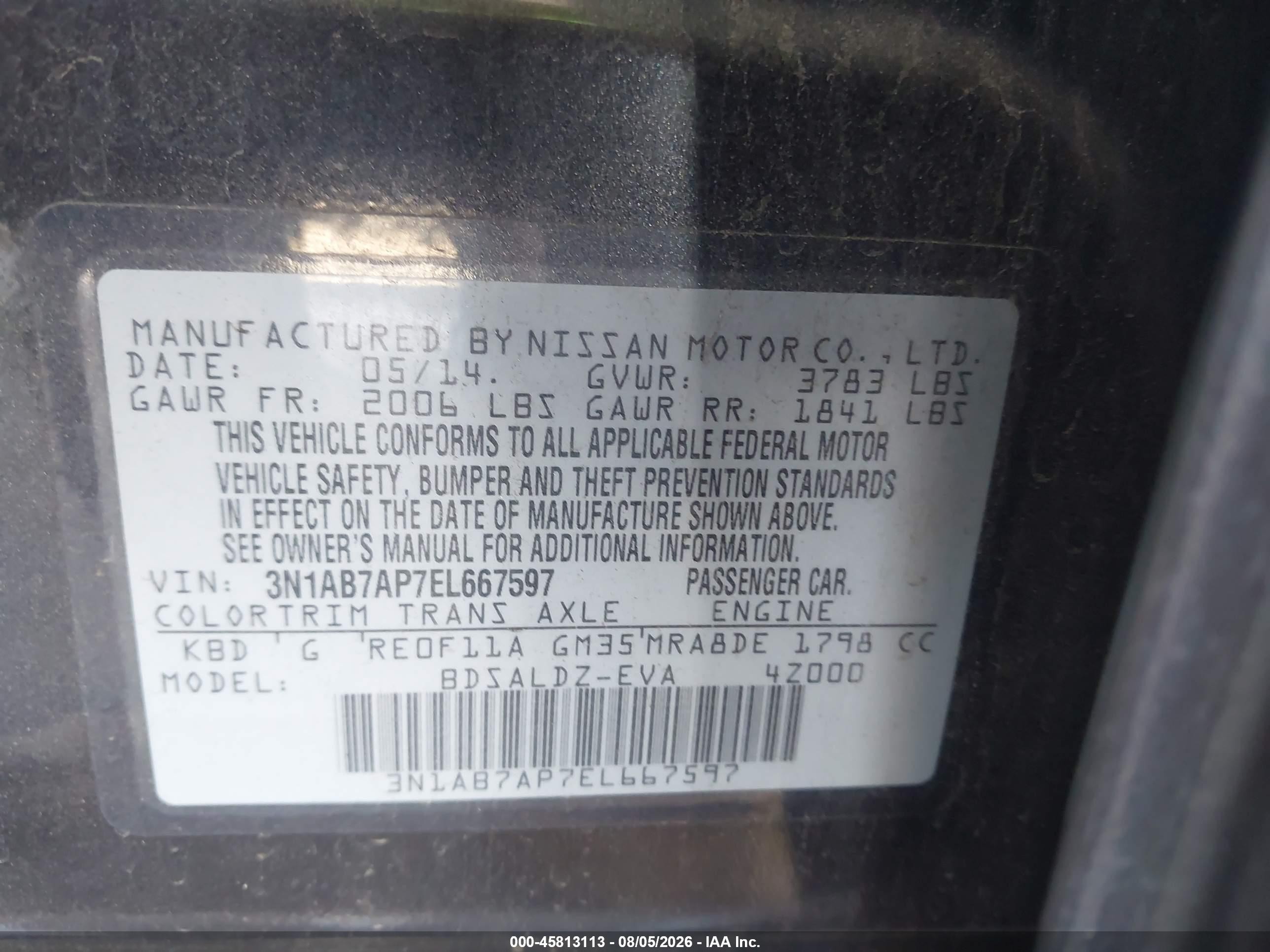 2014 Nissan Sentra Fe+ S/fe+ Sv/s/sl/sr/sv Gray vin: 3N1AB7AP7EL667597