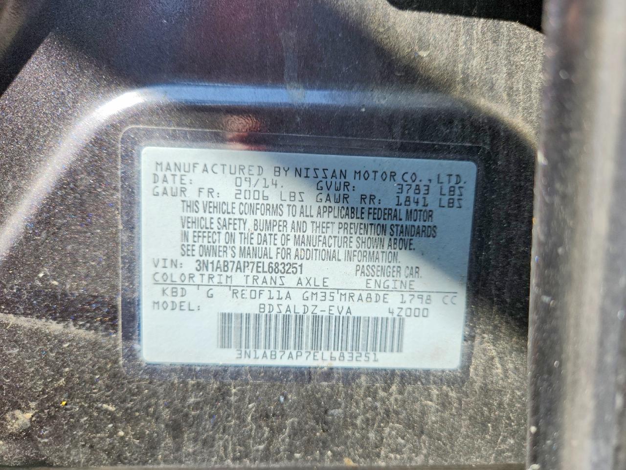 2014 Nissan Sentra Sv Charcoal vin: 3N1AB7AP7EL683251