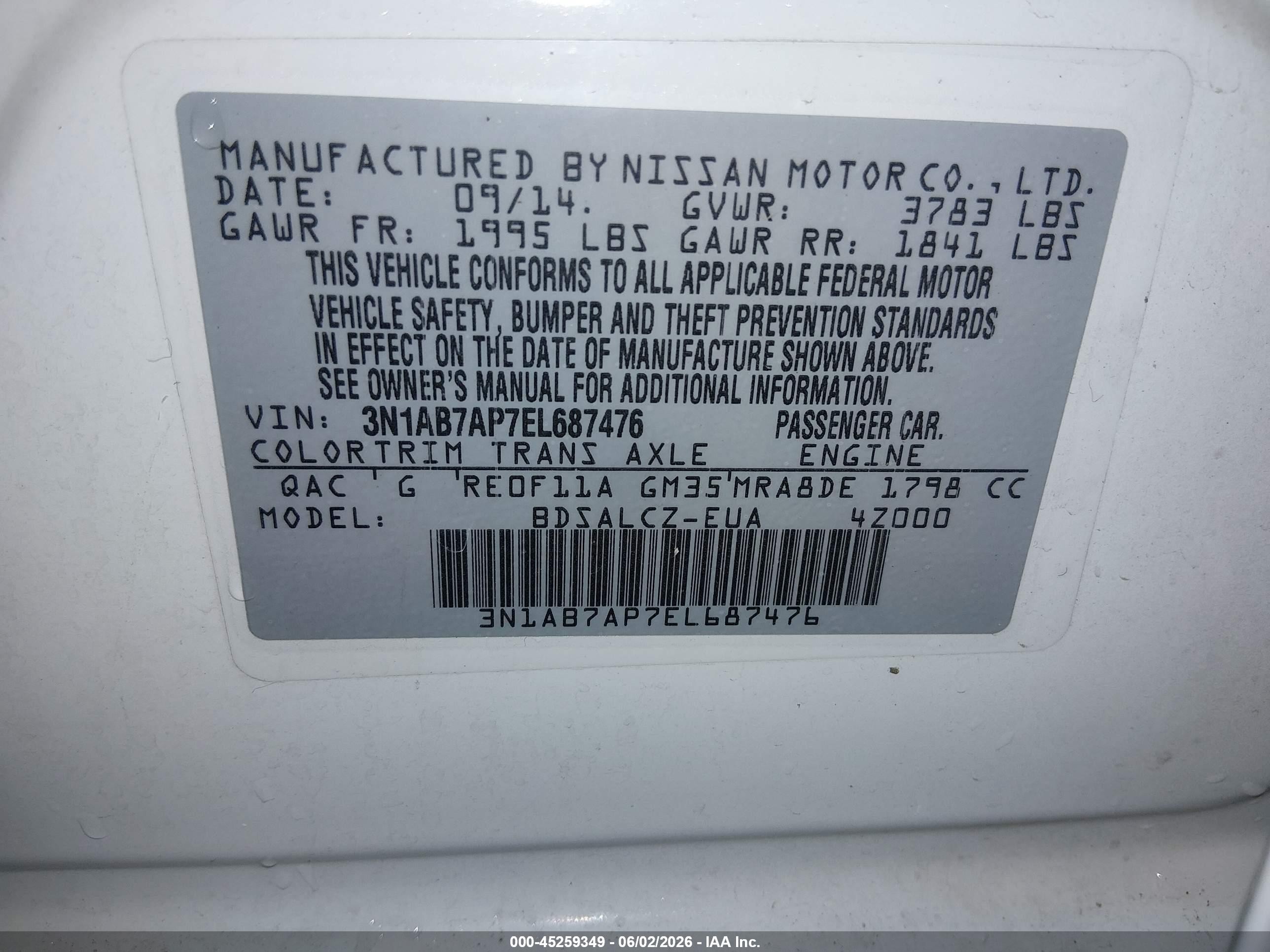 2014 Nissan Sentra S White vin: 3N1AB7AP7EL687476
