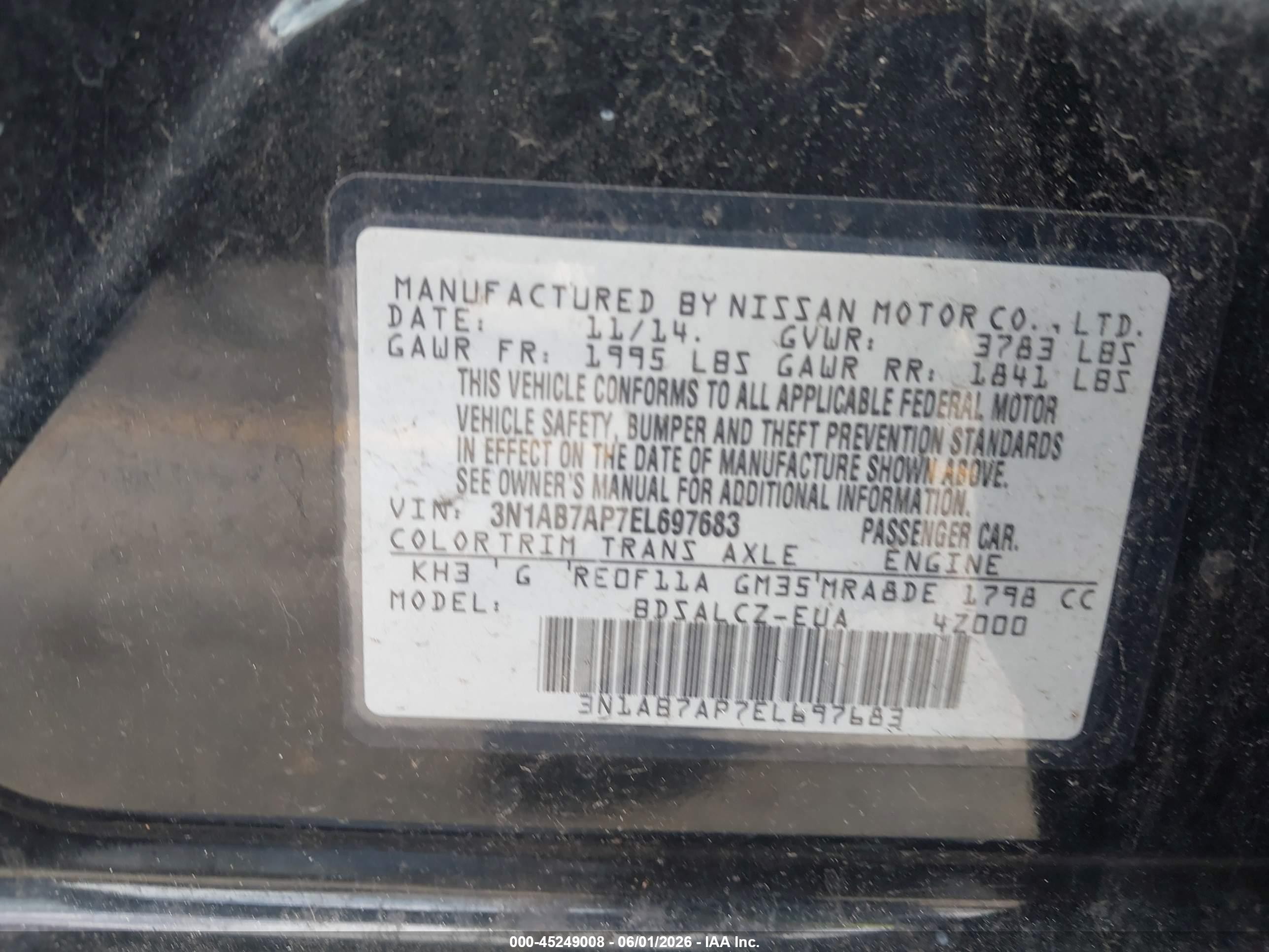 2014 Nissan Sentra S Black vin: 3N1AB7AP7EL697683