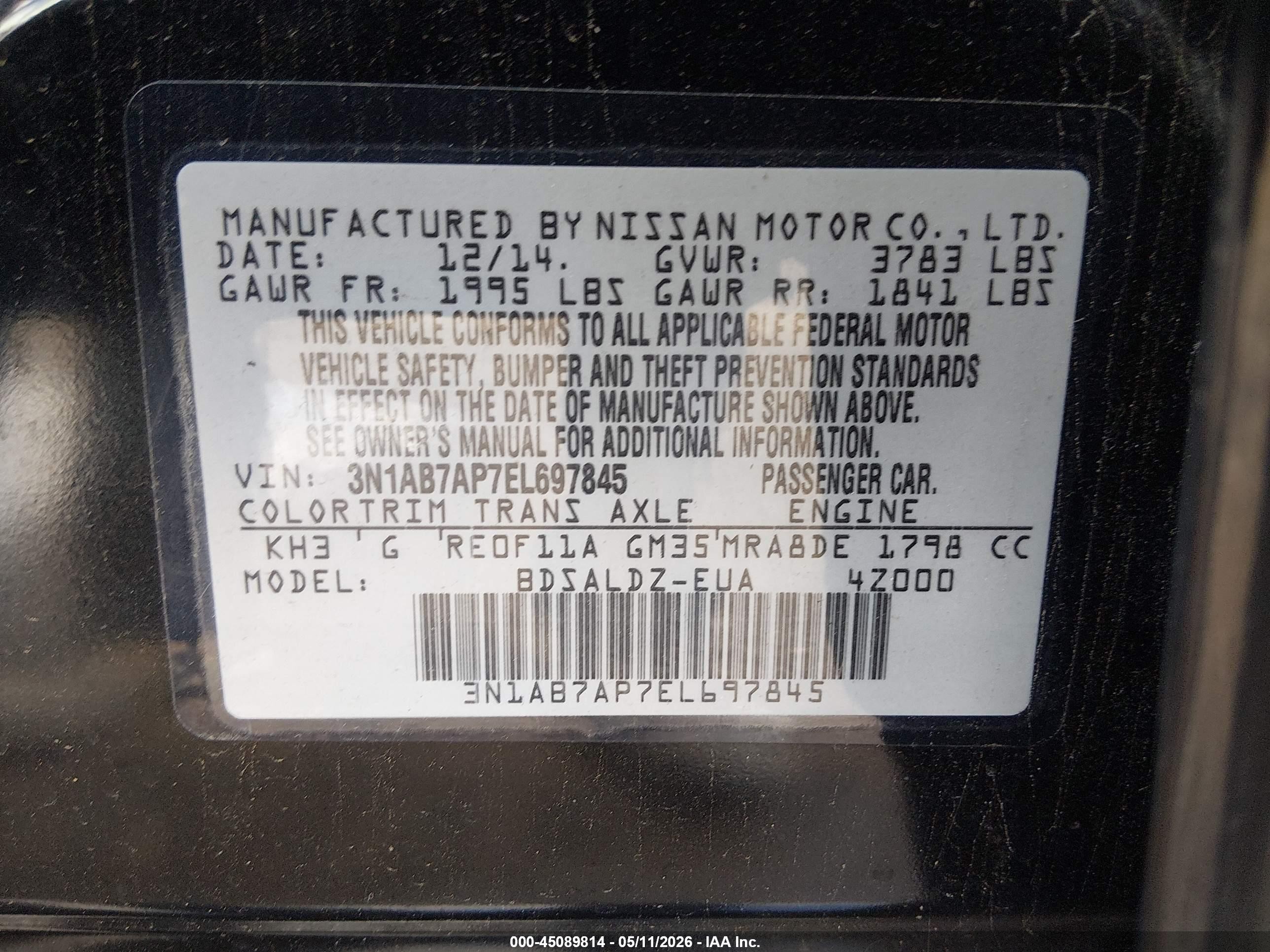 2014 Nissan Sentra Sv Black vin: 3N1AB7AP7EL697845