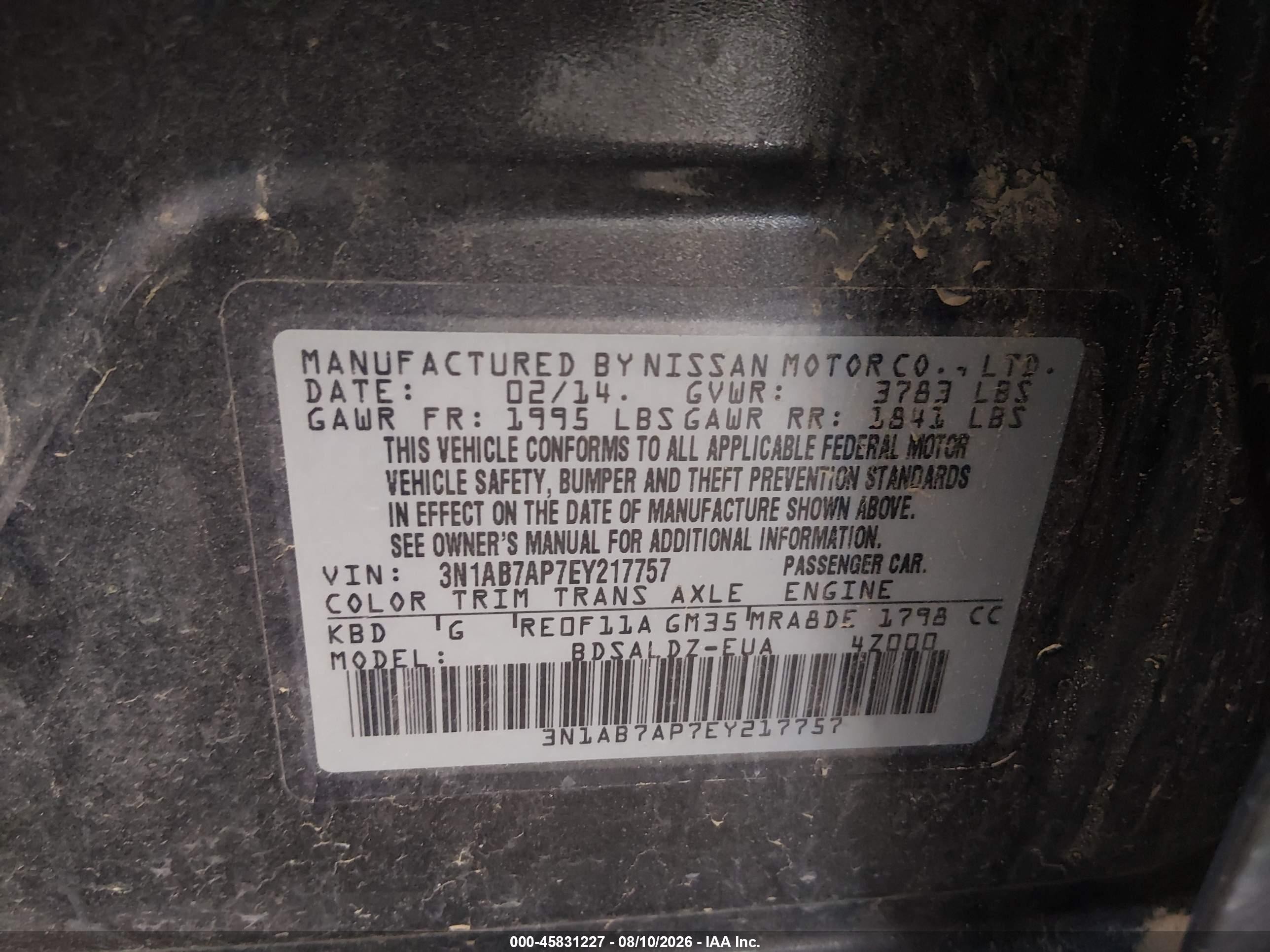 2014 Nissan Sentra Fe+ S/fe+ Sv/s/sl/sr/sv Gray vin: 3N1AB7AP7EY217757