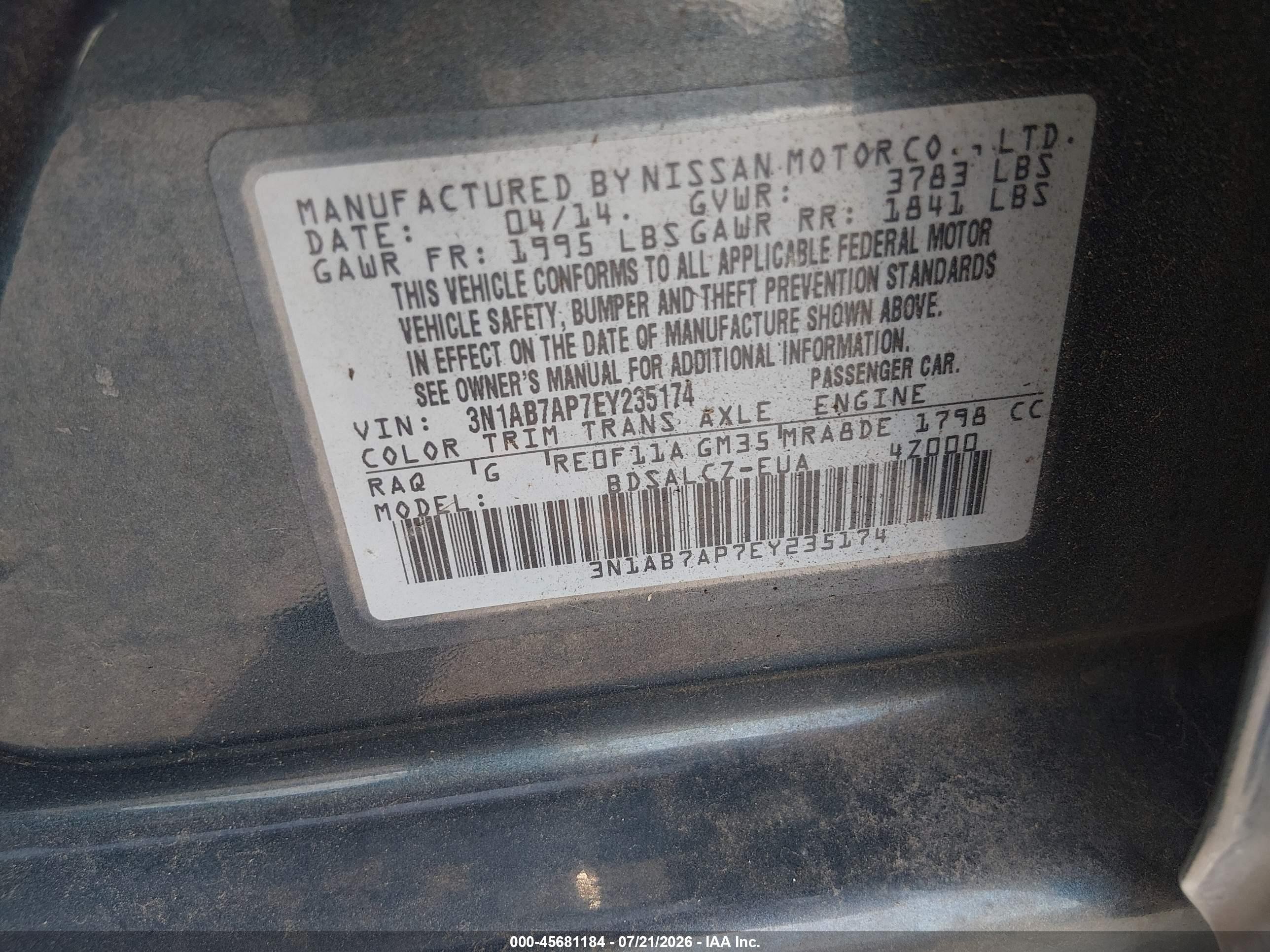 2014 Nissan Sentra S Blue vin: 3N1AB7AP7EY235174