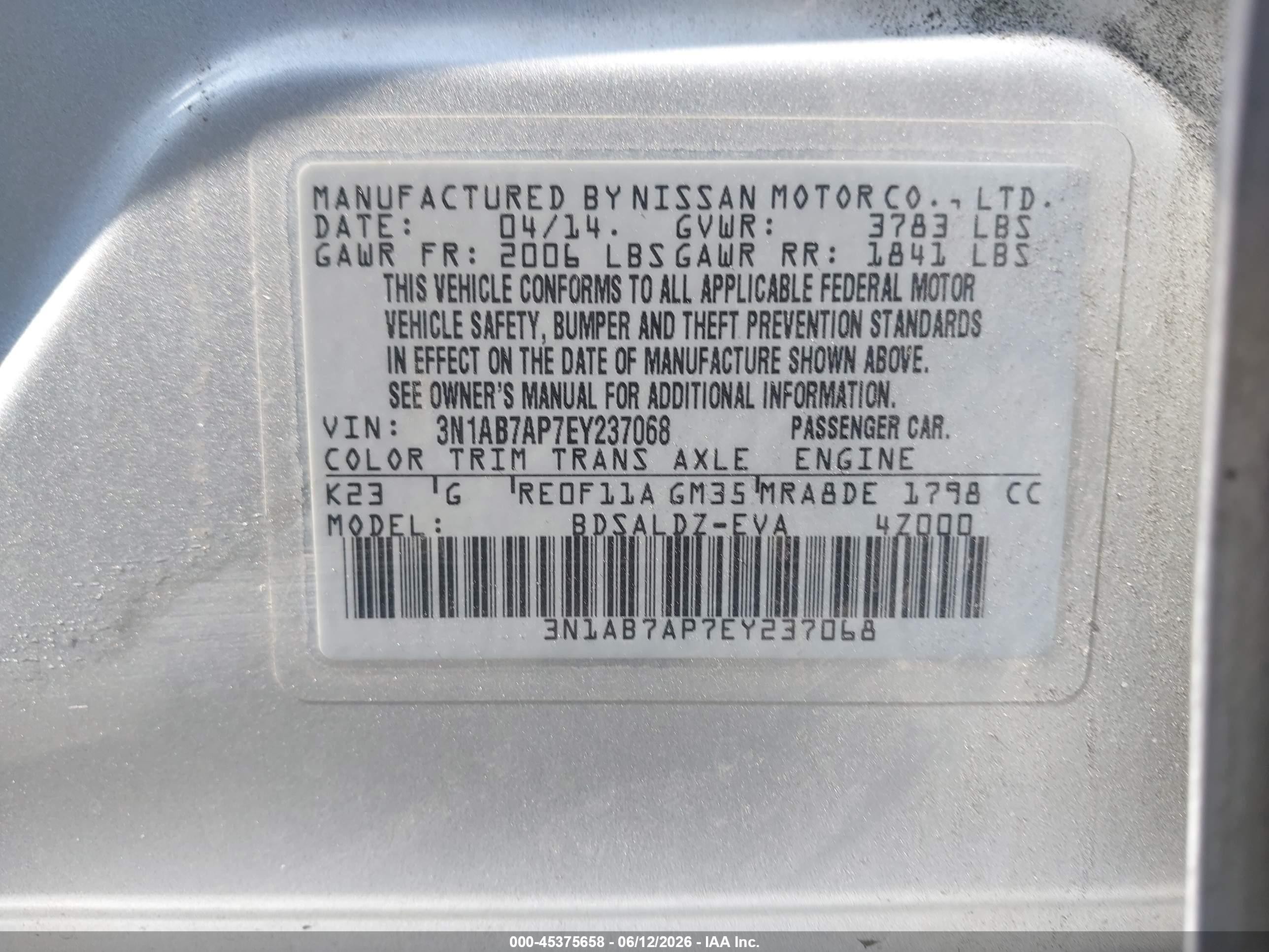 2014 Nissan Sentra Fe+ S/fe+ Sv/s/sl/sr/sv Silver vin: 3N1AB7AP7EY237068