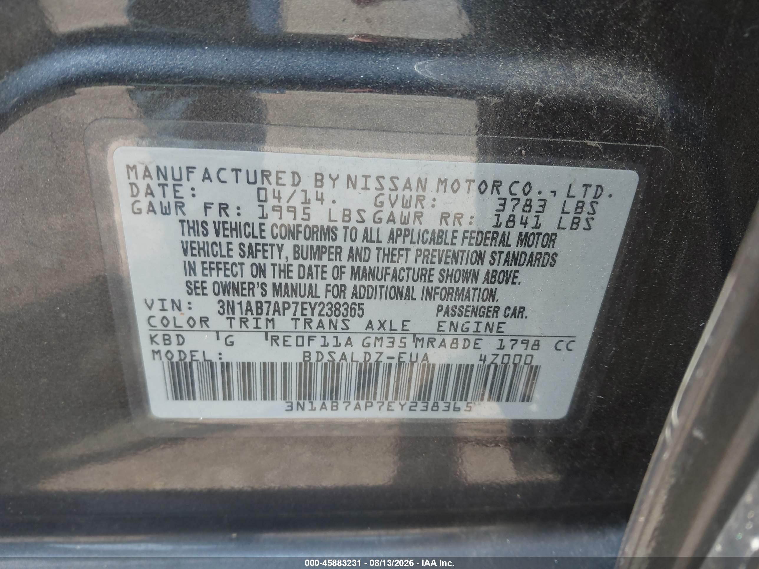 2014 Nissan Sentra Fe+ S/fe+ Sv/s/sl/sr/sv Black vin: 3N1AB7AP7EY238365