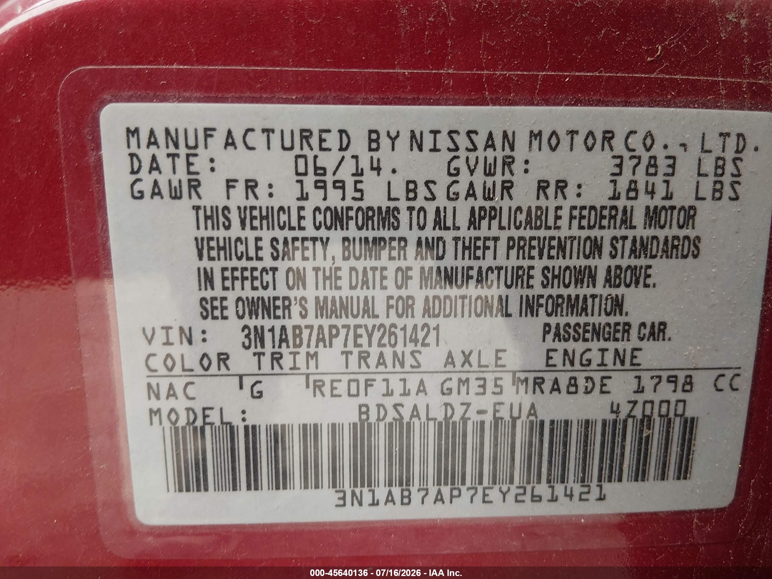 2014 Nissan Sentra Fe+ S/fe+ Sv/s/sl/sr/sv Red vin: 3N1AB7AP7EY261421