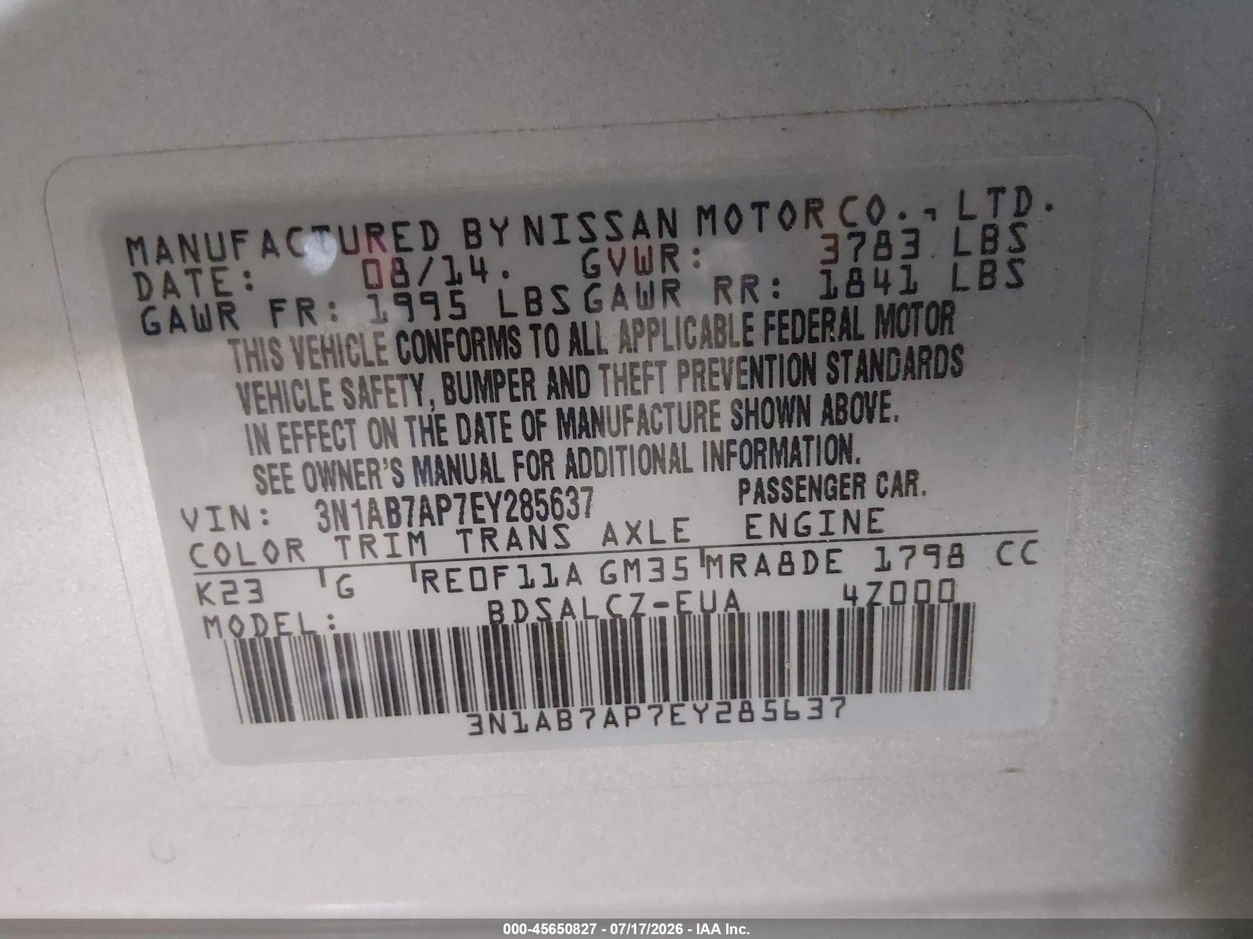 2014 Nissan Sentra S Silver vin: 3N1AB7AP7EY285637