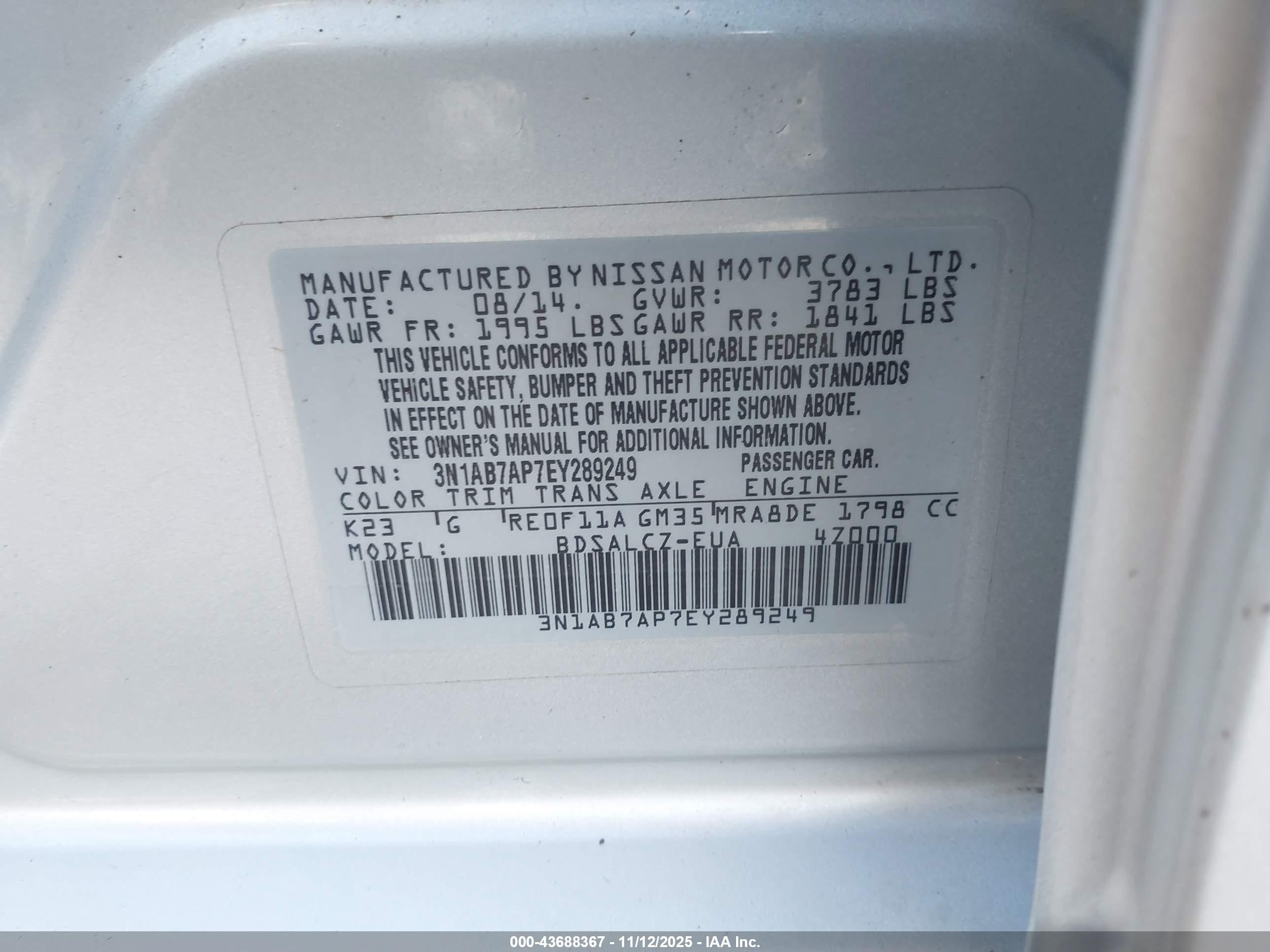 2014 Nissan Sentra S Silver vin: 3N1AB7AP7EY289249