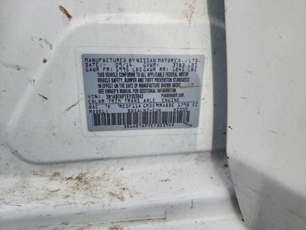 2014 Nissan Sentra Fe+ Sv White vin: 3N1AB7AP7EY303943