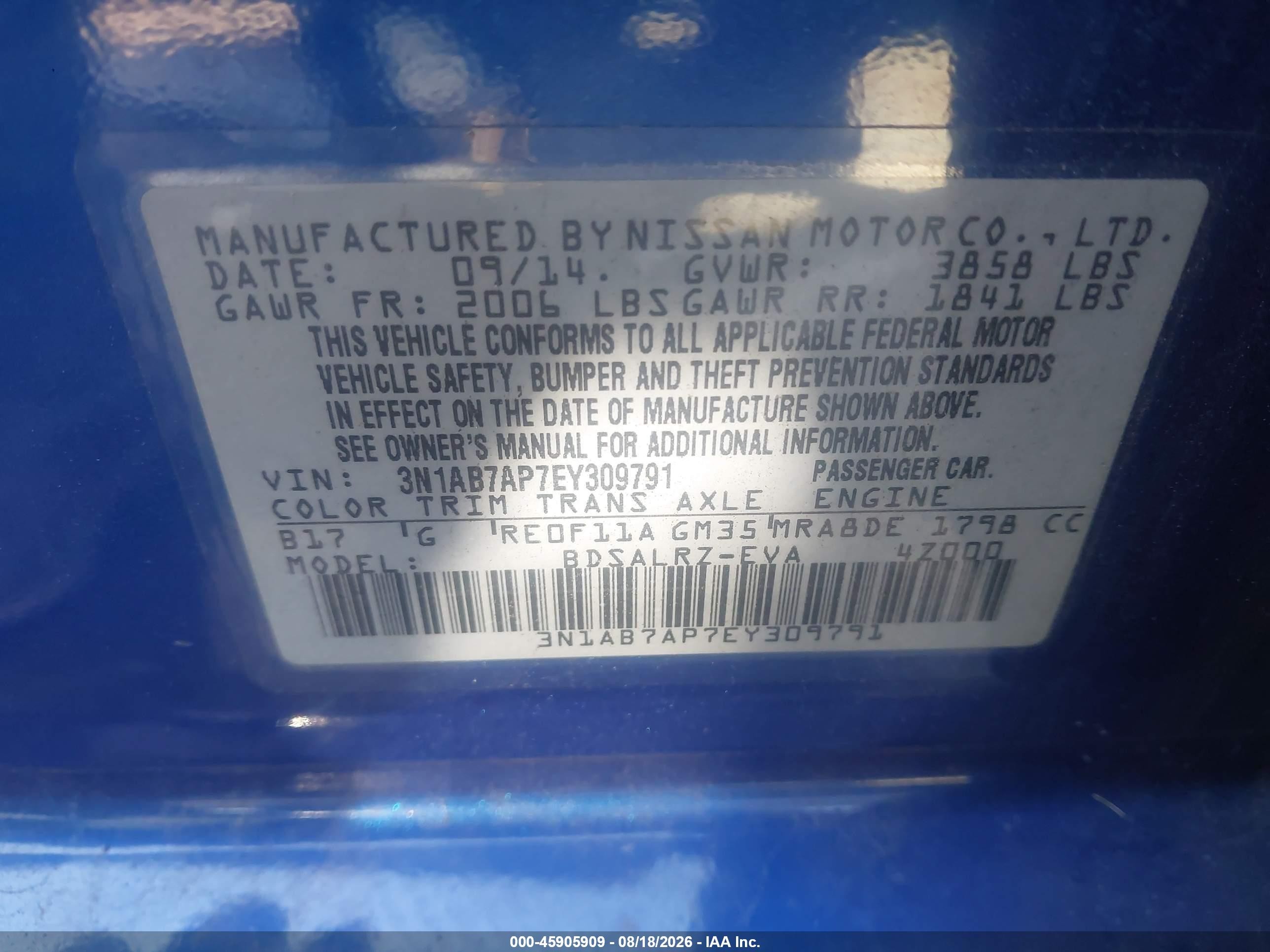 2014 Nissan Sentra Sr Blue vin: 3N1AB7AP7EY309791